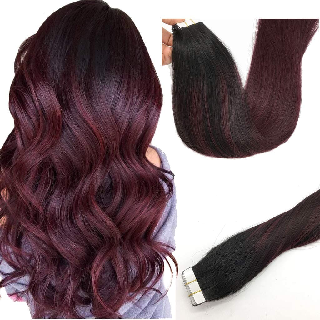 Misstar Balayage Ombre Tape in Hair Extensions Human Hair 20pcs/50g Ombre Black to Red Real Balayage Remy Human Hair Extensions 22inches