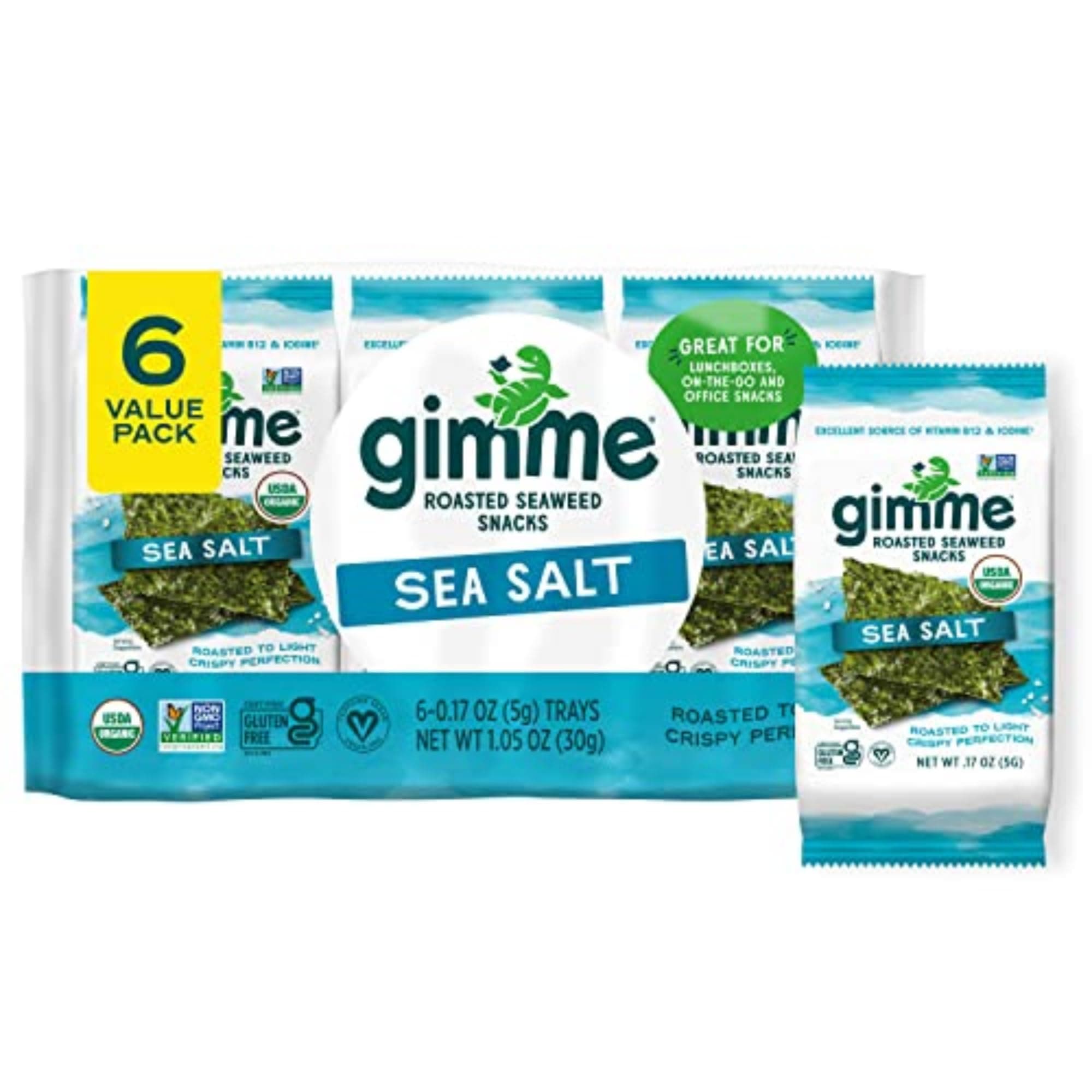 - Gimme Seaweed Organic Premium Roasted Seaweed Snacks, Sea Salt, 6 Count, Keto, Vegan, Gluten-Free, Great Source of Omega3s and Iodine, Healthy On-The-Go Snack for Kids and Adults