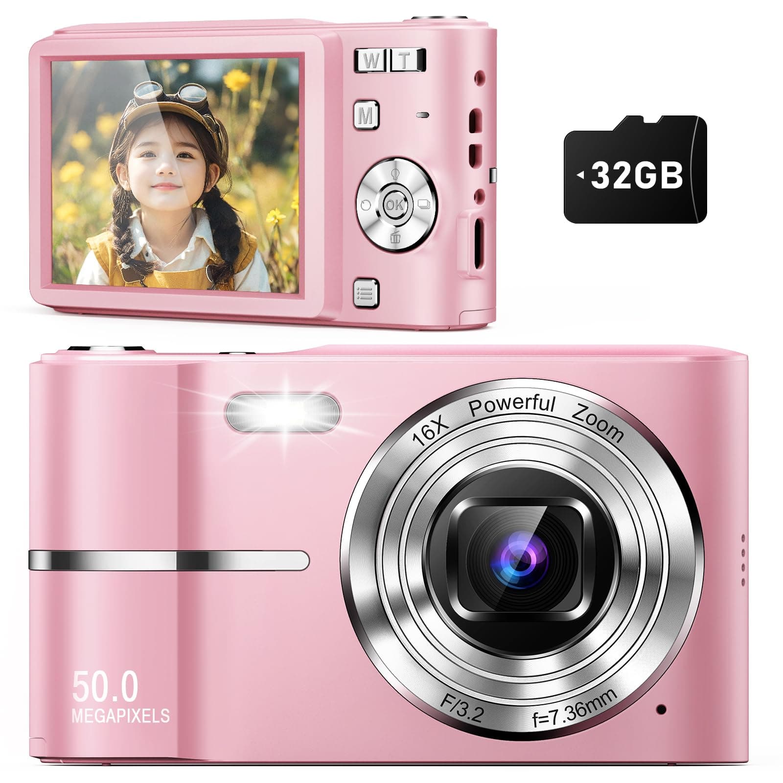 Upgrade Digital Photo Camera, Autofocus 50MP FHD 1080P Camera for Kids with 16x Zoom Anti Shake, Compact Camera for Kid Student Children Teen Girl Boy, Kids Camera with 32GB SD Card,2 Batteries-Pink