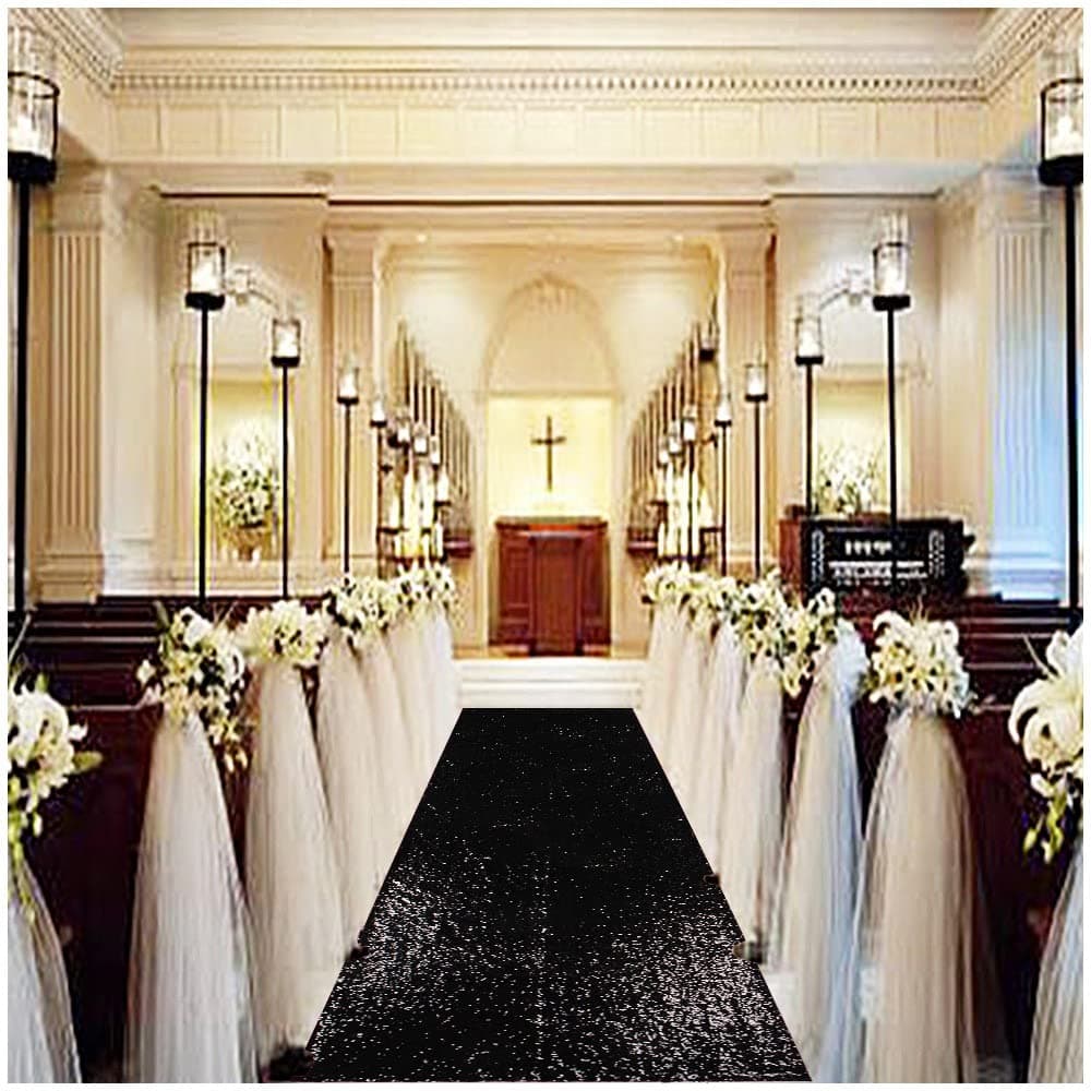 Partisout Aisle Runners for Weddings 2FTx15FT Sequin Wedding Rustic Outdoor Carpet Aisle Runners Ceremony Shimmer Runner for Holiday Party Grass Indoor (Black)