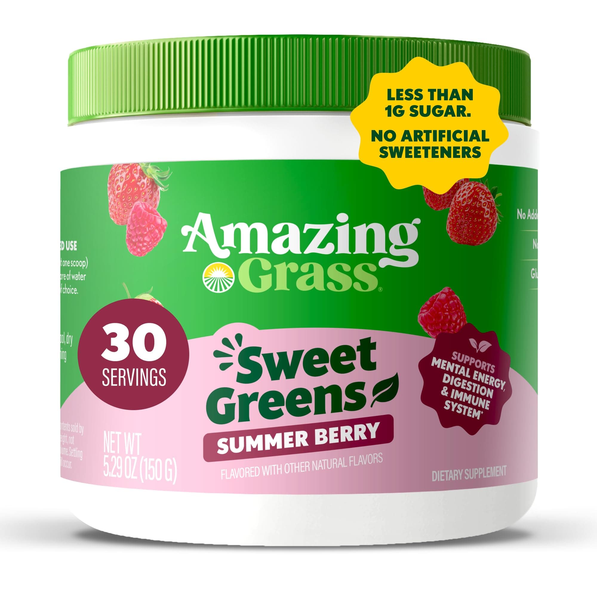 Sweet Greens and Superfoods Powder for Digestive Health, Greens Powder, Digestive Enzymes, Probiotics, Spirulina, Chlorella, Summer Berry, 30 Servings