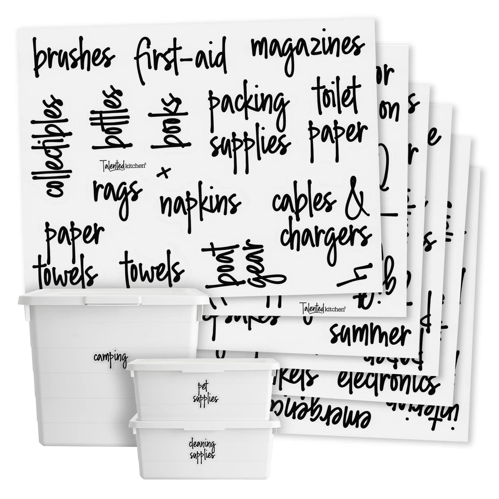 Removable Storage Bin Labels - Preprinted Water-Resistant Script Labels - Easy Peel-Off Decals for Home Organization - Garage Organization Stickers - Pack of 136, 1.25" Rectangles