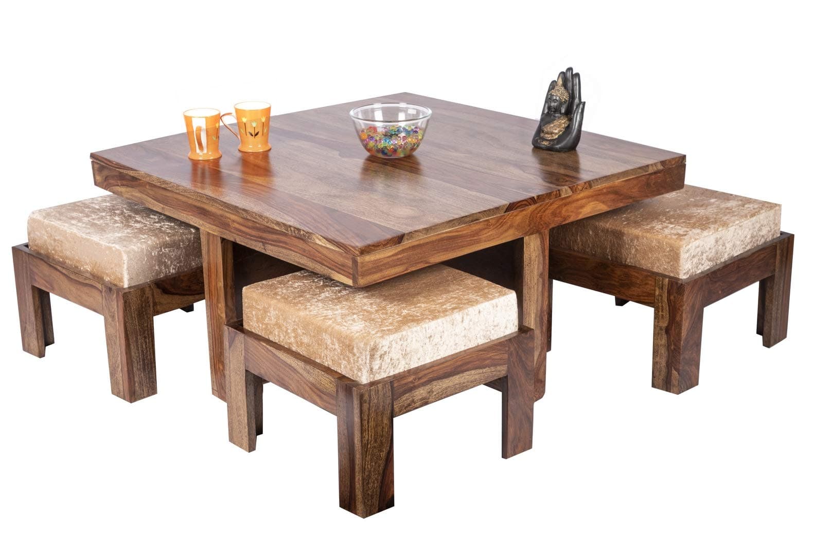 Ikiriya 100% Solid Sheesham Wood Coffee Table and 4 Stools - Teak Finish ; Ivory Velvet, Standard (CTSW0314-2-VCR)