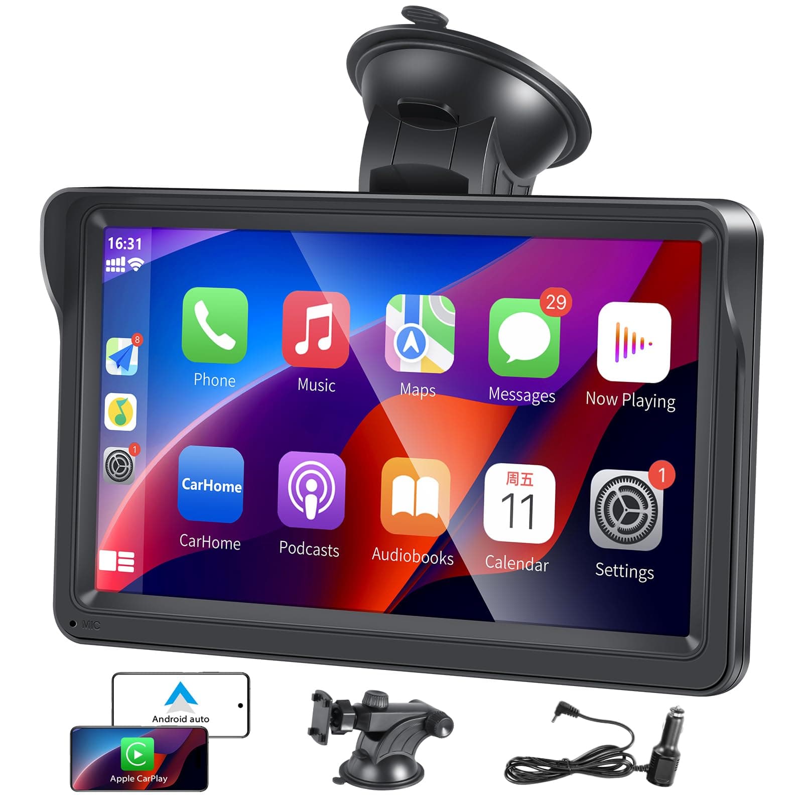 Car Play, Portable Wireless Carplay & Android Auto, Car Stereo Display, 7 Inch HD IPS Touch Screen, Car Radio with Bluetooth Hands-Free Calling/Mirror Link/GPS Navigation/USB/TF Card/AUX/FM