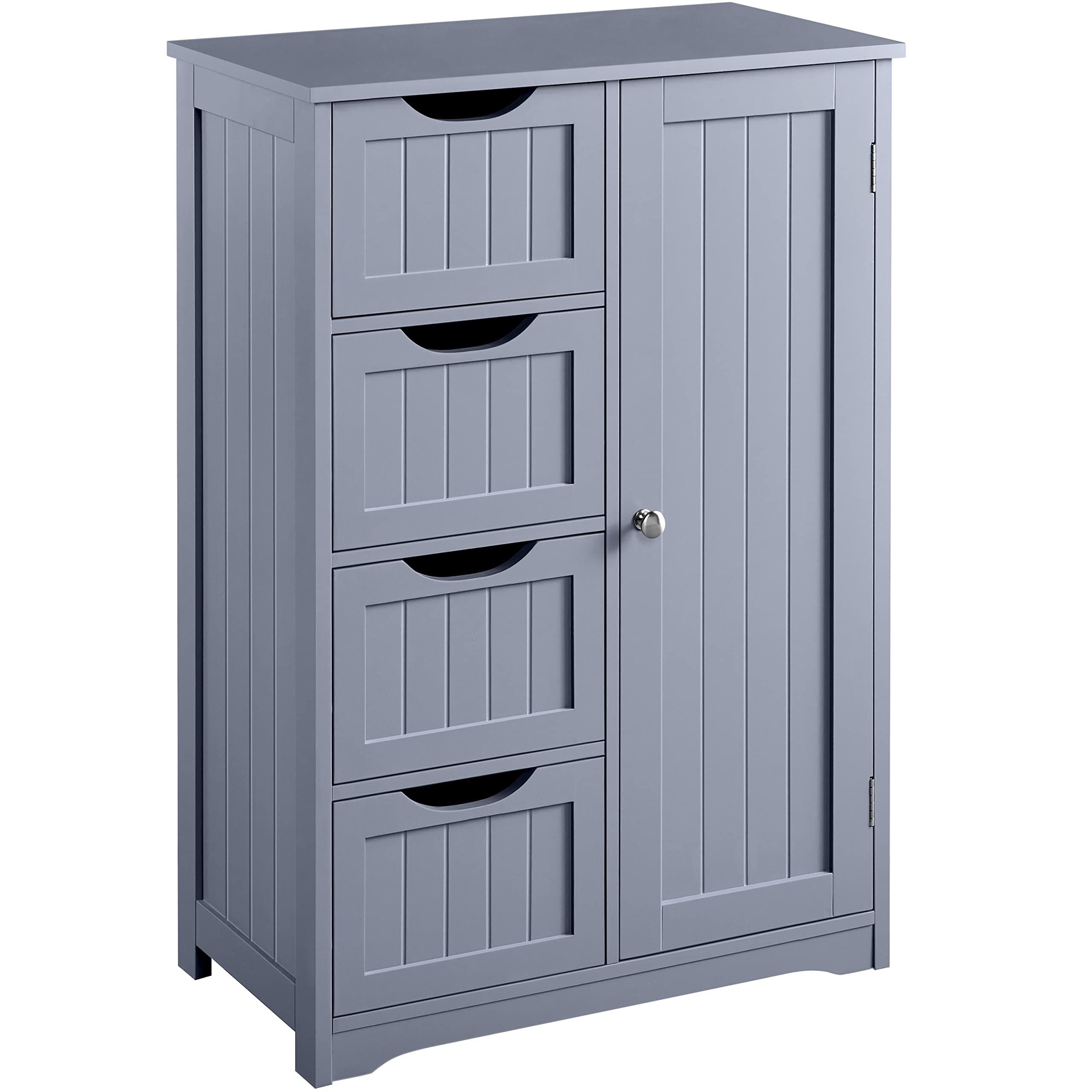 Yaheetech Bathroom Floor Cabinet Cupboard Free Standing Wooden Cabinet Storage Unit with 4 Drawers & 1 Door, Adjustable Shelf, Grey