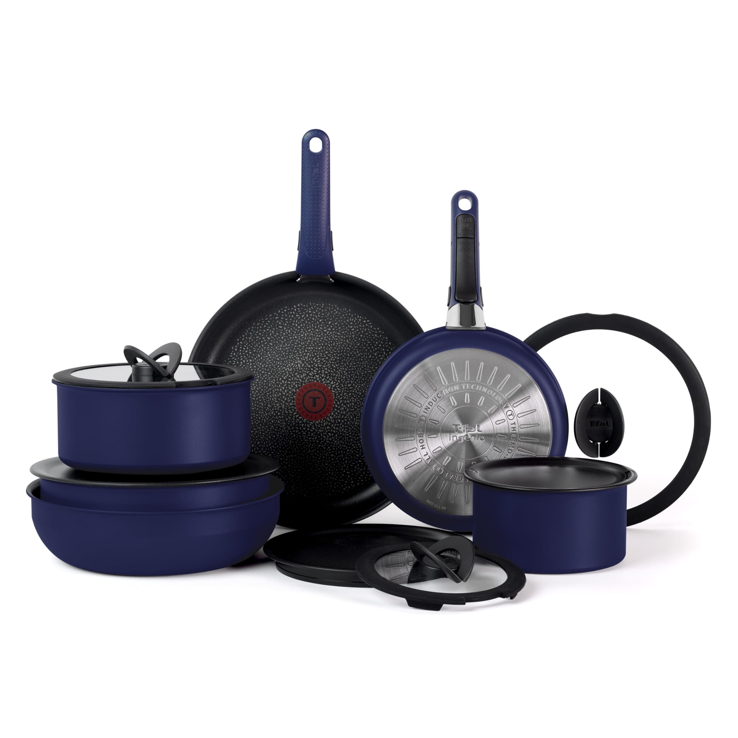 T-fal Ingenio Expertise Non Stick Cookware Set 14 Piece, Induction Oven Broiler Safe 500F, Detachable/Removable Handle, Kitchen, Pots and Pans, RV, Camping, Fry Pans, Saucepans, Dishwasher Safe, Blue