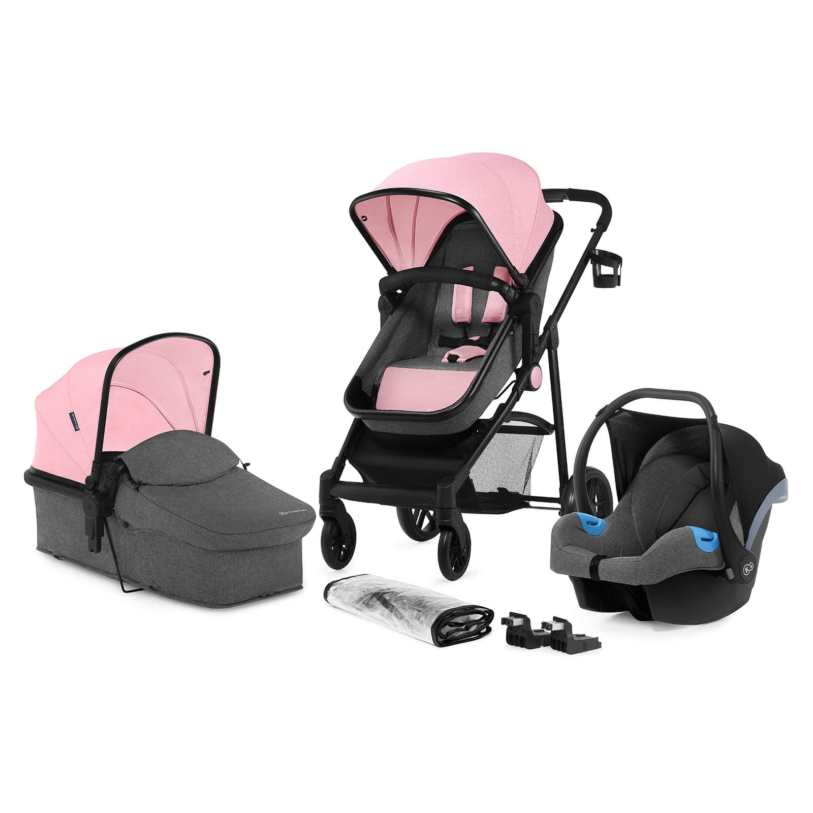 Kinderkraft Pram 3 in 1 Set JULI, Travel System, Baby Pushchair, Rear and Front Facing, Foldable, with Infant Car Seat, Accessories, Footmuff, Cupholder, from Birth to 3 Years, Pink