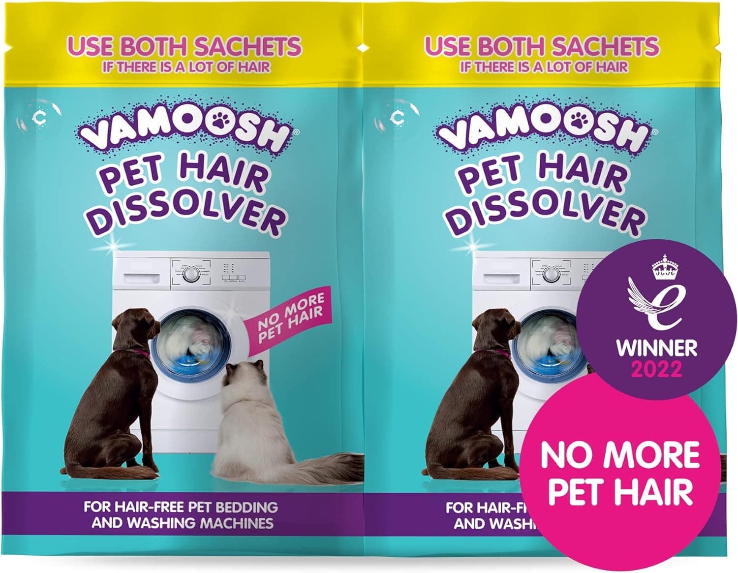 Vamoosh Pet Hair Dissolver- Pet Hair Remover for Washing Machines, 2x100g, Removes Odour Dissolves Dog, Cat, Horse, Animal Fur, Cleans Bedding in Washing Machine, Easy to Use, Up to 2 Washes