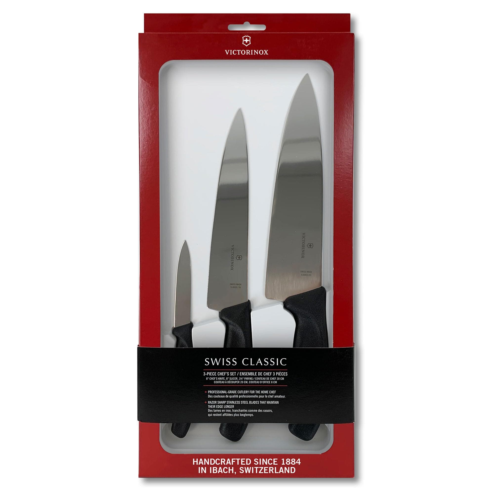 ​Swiss Classic Chef's Knife Set - Balanced Cooking Knives for Kitchen Accessories - Ergonomic Meat, Vegetable & Fruit Knives - Black Handle, Straight Edge, 3-Piece Set