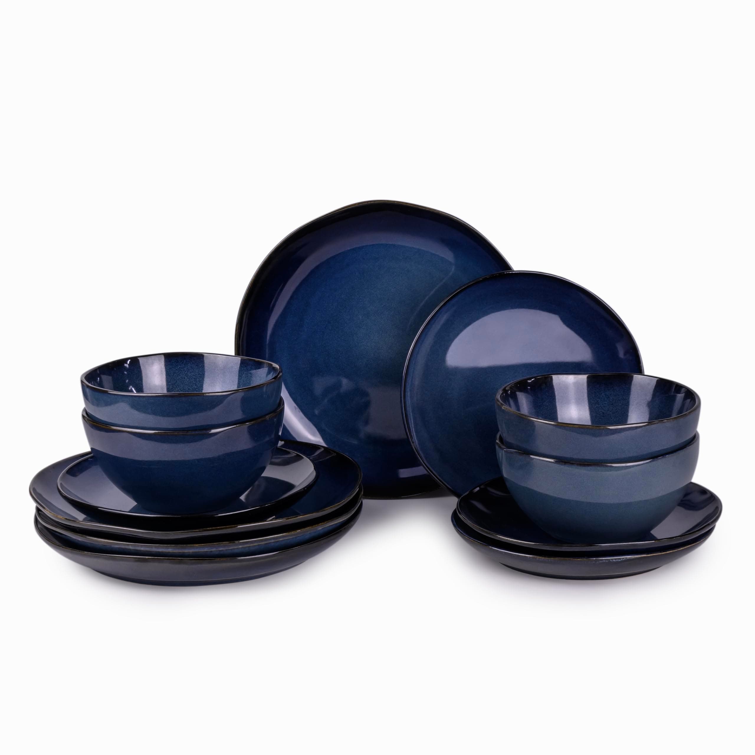 ZODEX 12PCS Dinner Set - Elegant Stoneware Dinnerware Set for 4 - Includes 4 Large Plates (Dia 26.5cm x H 3.3cm), 4 Small Plates (Dia 20.8cm x H 2.8cm), and 4 Bowls (Dia 15.5cm x H 7.5cm)