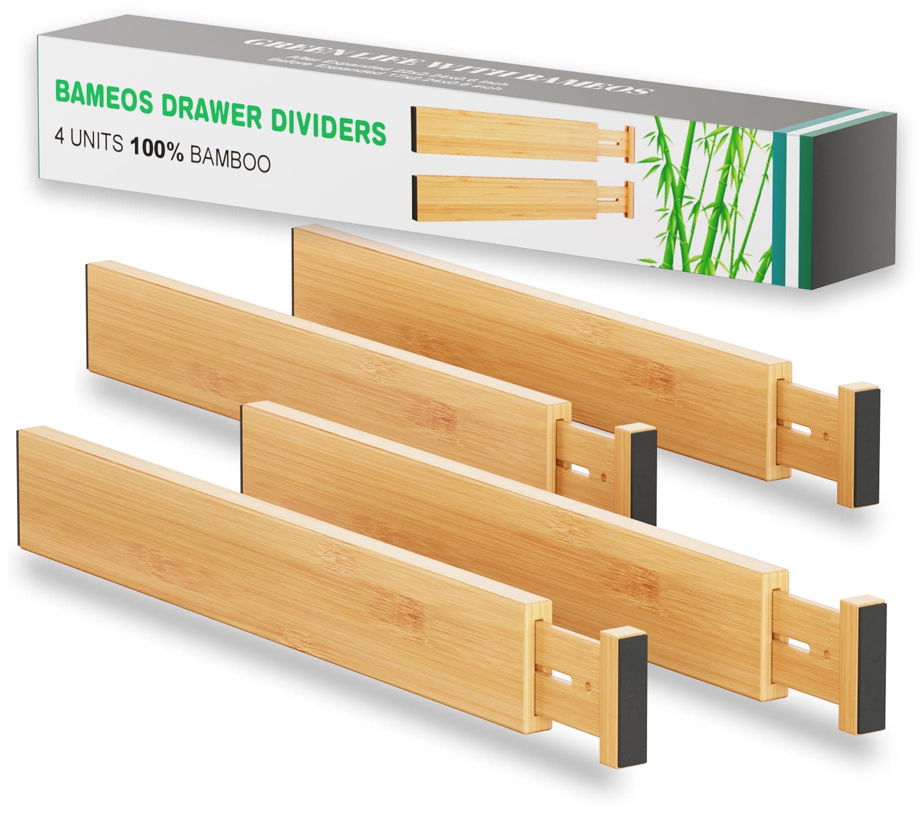 BAMEOS Drawer Dividers kitchen Organization Bamboo Utensil Organizers for Kitchen Bedroom Bathroom Dresser Office 4-pack