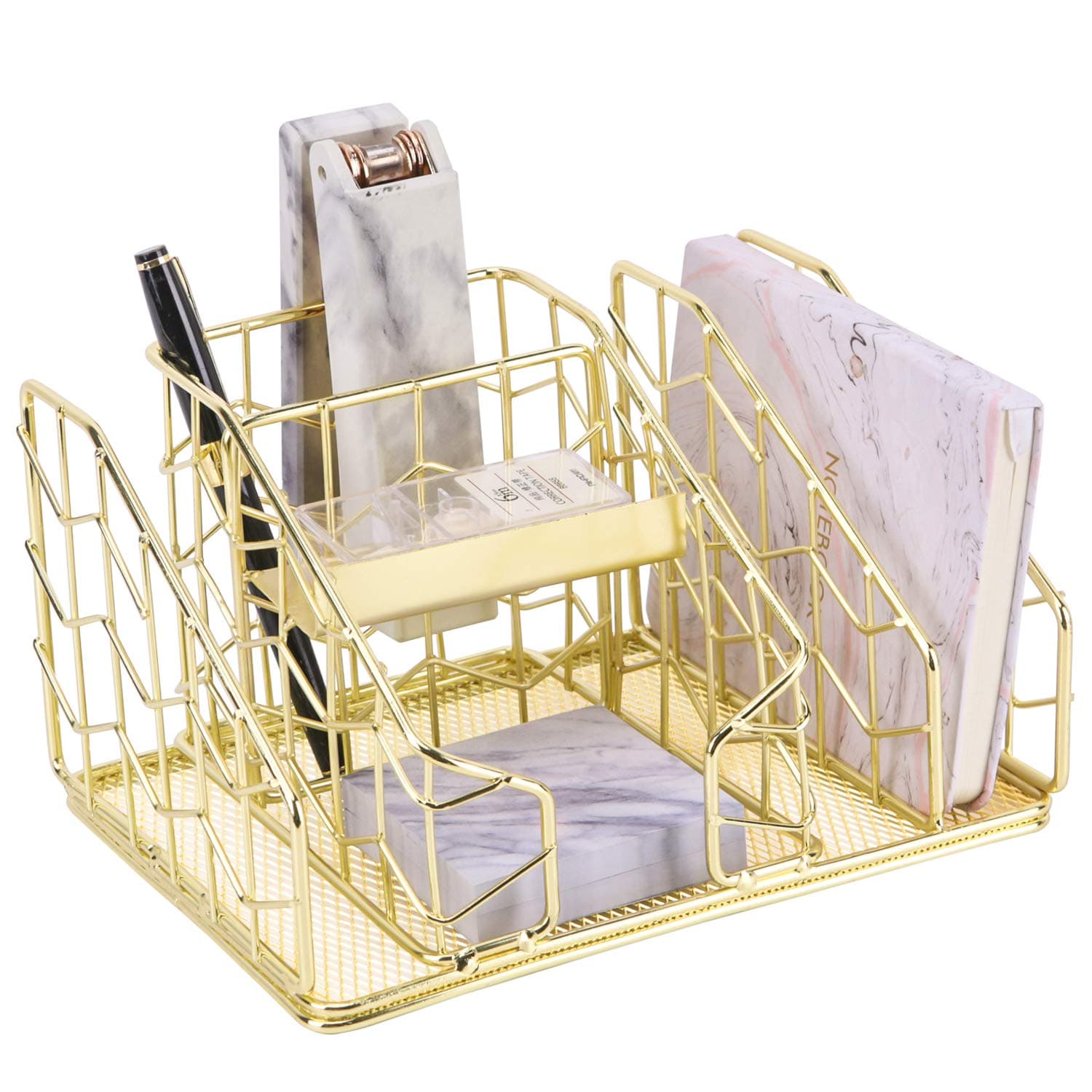 Nugorise Desk Accessories Organizer, 6 Slots - Letter Sorter, Pen Holder, Sticky Note Holder and Accessory Slot, Wire Stationery and Office Supplies Storage Caddy, Gold