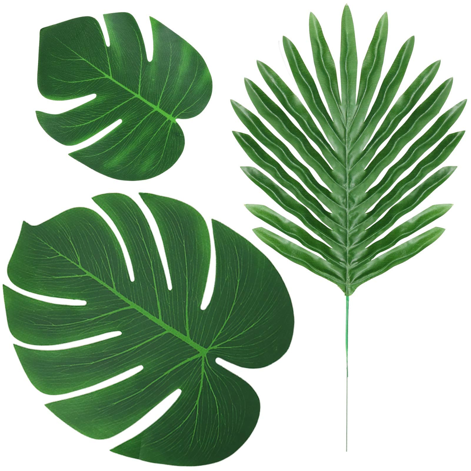 48 Pcs Artificial Palm Leaves Tropical Faux Leaves Decoration Jungle Party Safari Leaves for Hawaiian Luau Theme Birthday Party (3 Styles)