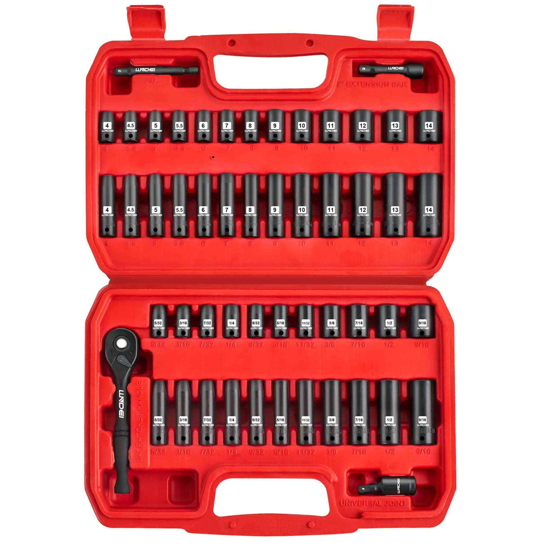 LLNDEI 1/4-Inch Drive Impact Socket Set, 52 PCS Mechanic Tool Set with Ratchet & Adapter, CR-V, Metric and Standard Full Sockets with Storage Tool Kit for Household & Automotive Repair & DIY Project