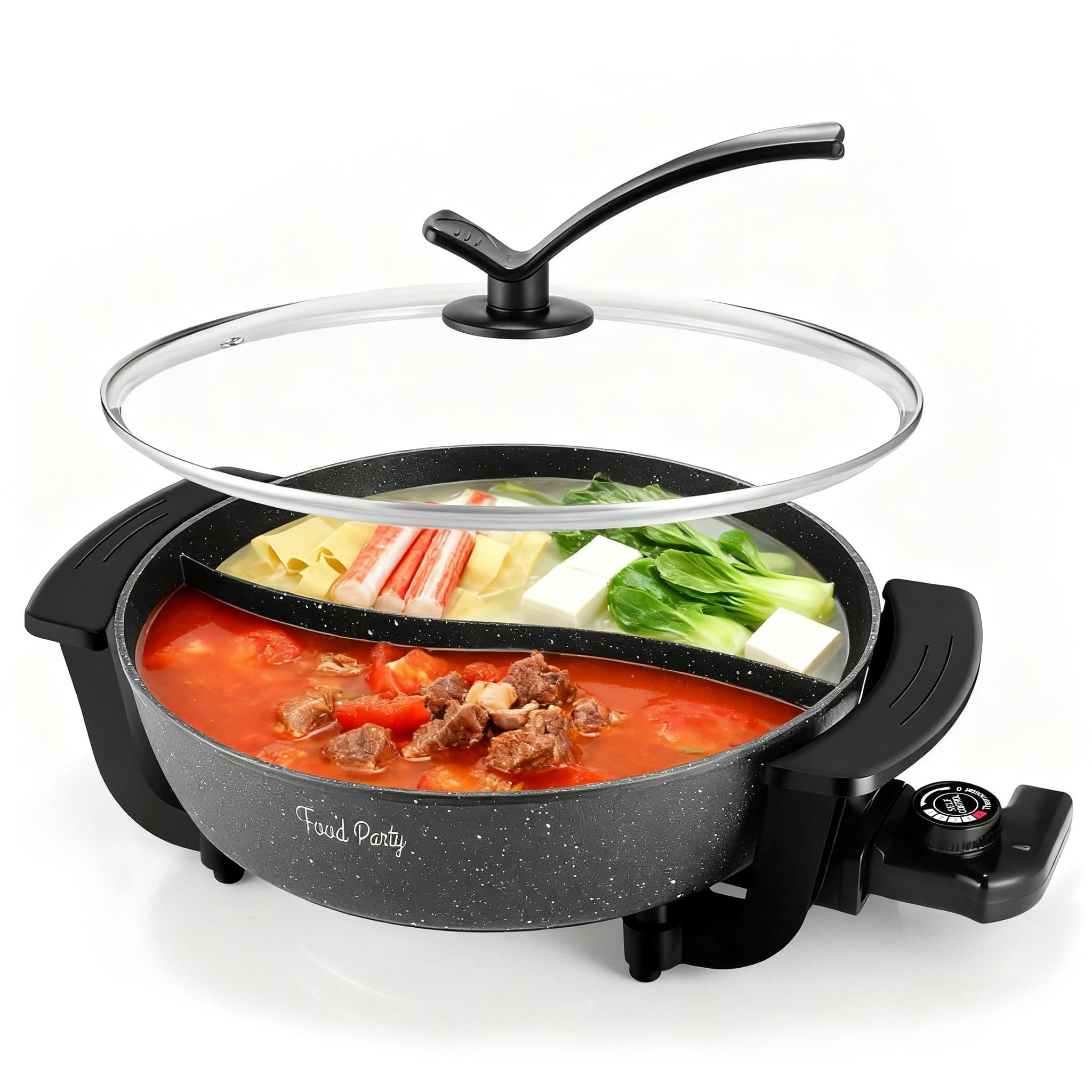 Food Party Hot Pot Hotpot Pot Electric with Divider Chinese Hot Pot Cooker 6-Quart Non-Stick Shabu Shabu Pot