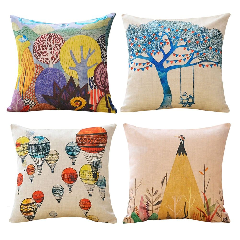 MINA LOBATA Throw Pillow Covers 18x18 Inch Set of 4 Cotton Linen Decorative Cushion Case for Sofa Car Home and Bedroom (Leisure time)