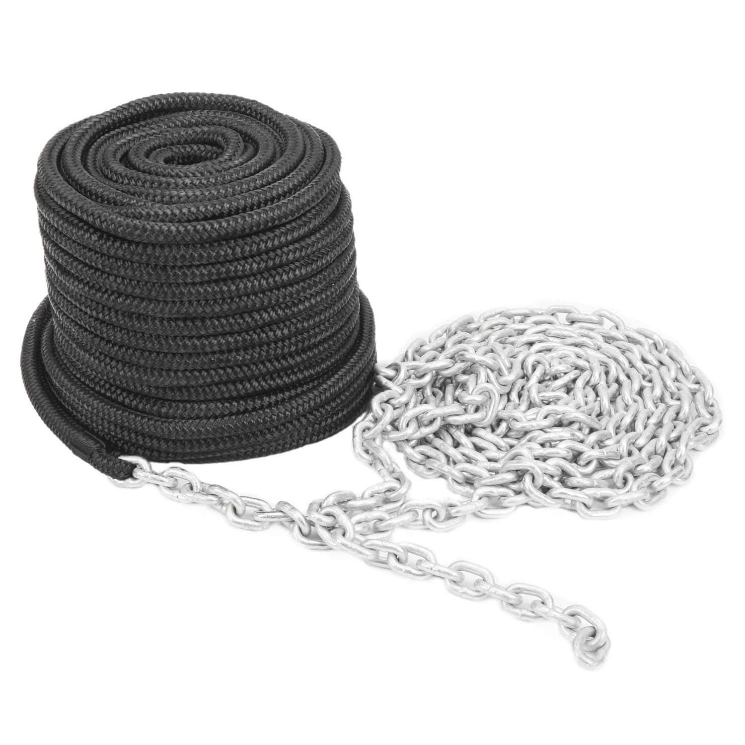 NovelBee 3/8 Inch x 100 Feet Double Braid Nylon Rope with 1/4 Inch x 15 Feet Galvanized Chain for Boat Anchor Rope and Dock Line