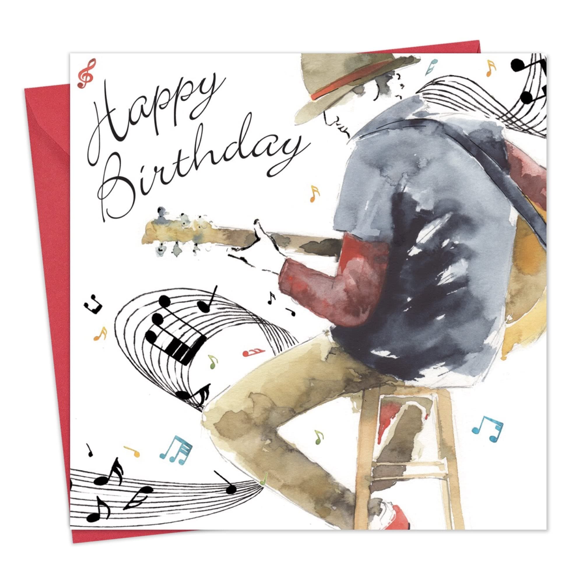 Twizler Happy Birthday Card for Him - Guitar Man with Watercolour Effect - Mens Music Birthday Card for Male Son Brother Boyfriend Friend