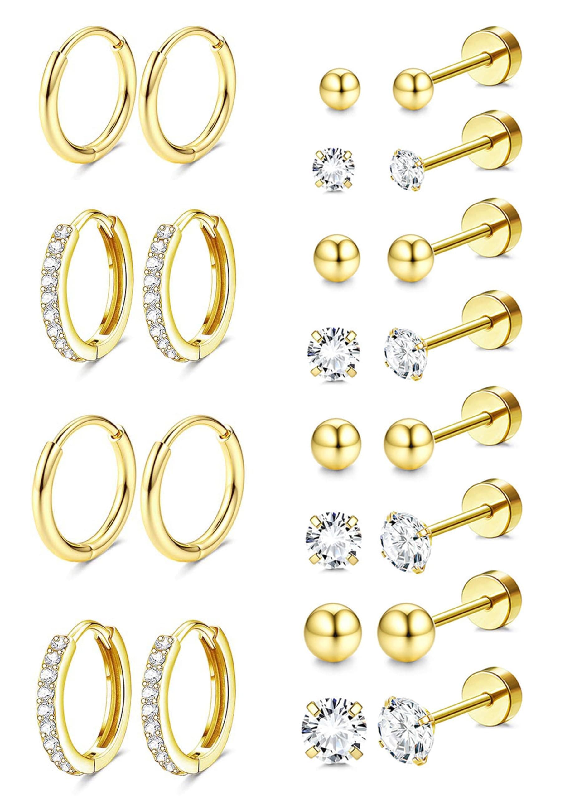 Gold Stud Hoop Earrings for Women, Hypoallergenic Surgical Steel Earrings for Sensitive Ears, Comfortable Flat Back Earring for Sleeping/Daily, Nickel-Free Cartilage Earring Stack Set for Multiple Piercing Jewelry 12Pairs