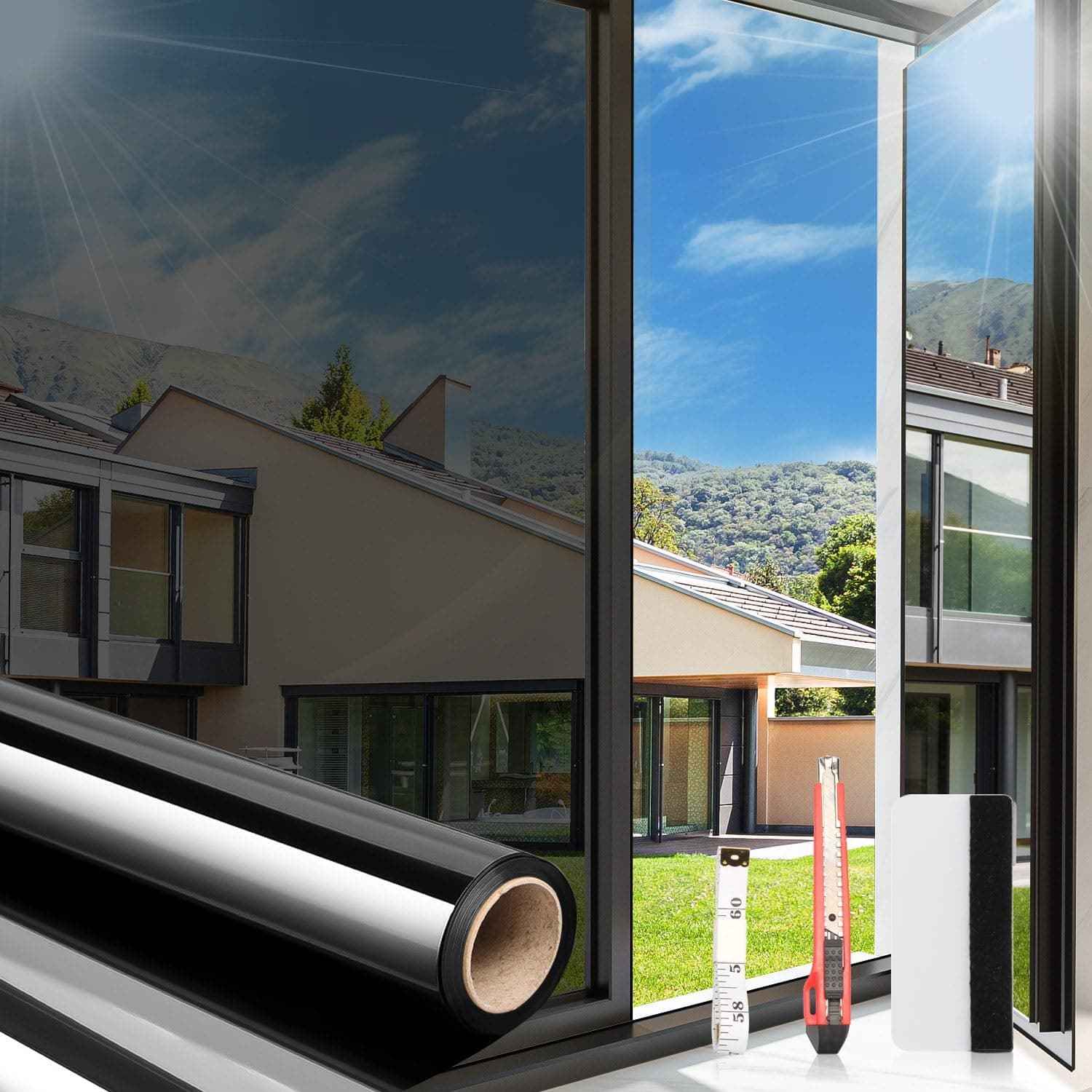 Arthome Heat Blocking Window Film Kit Anti-UV 60cmx254cm,Heat Control Window Stick Tint Reflective No Glue Static Cling Adhesive DIY One Way Film for Home and Office Sun Glare Reduction With Tool