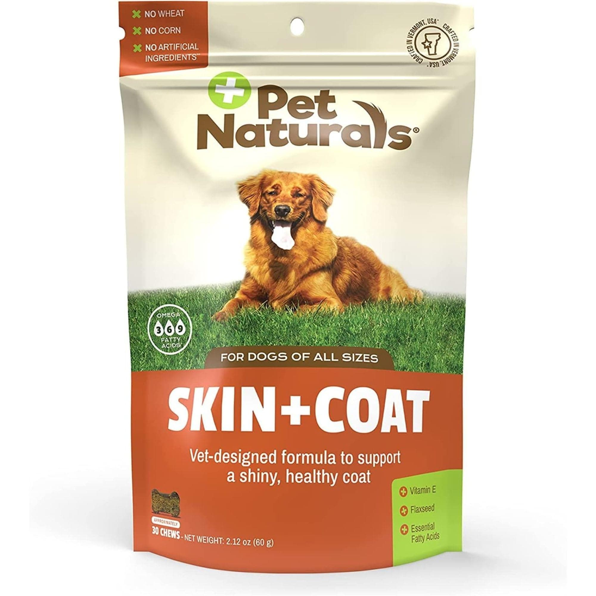 Pet Naturals Skin and Coat for Dogs, Bite-Sized Soft Chews, Salmon Oil and Omega Fatty Acids, Soothe Dry and Itchy Skin, No Corn or Wheat, Vet Formulated, Veggie Flavor, 30 Count