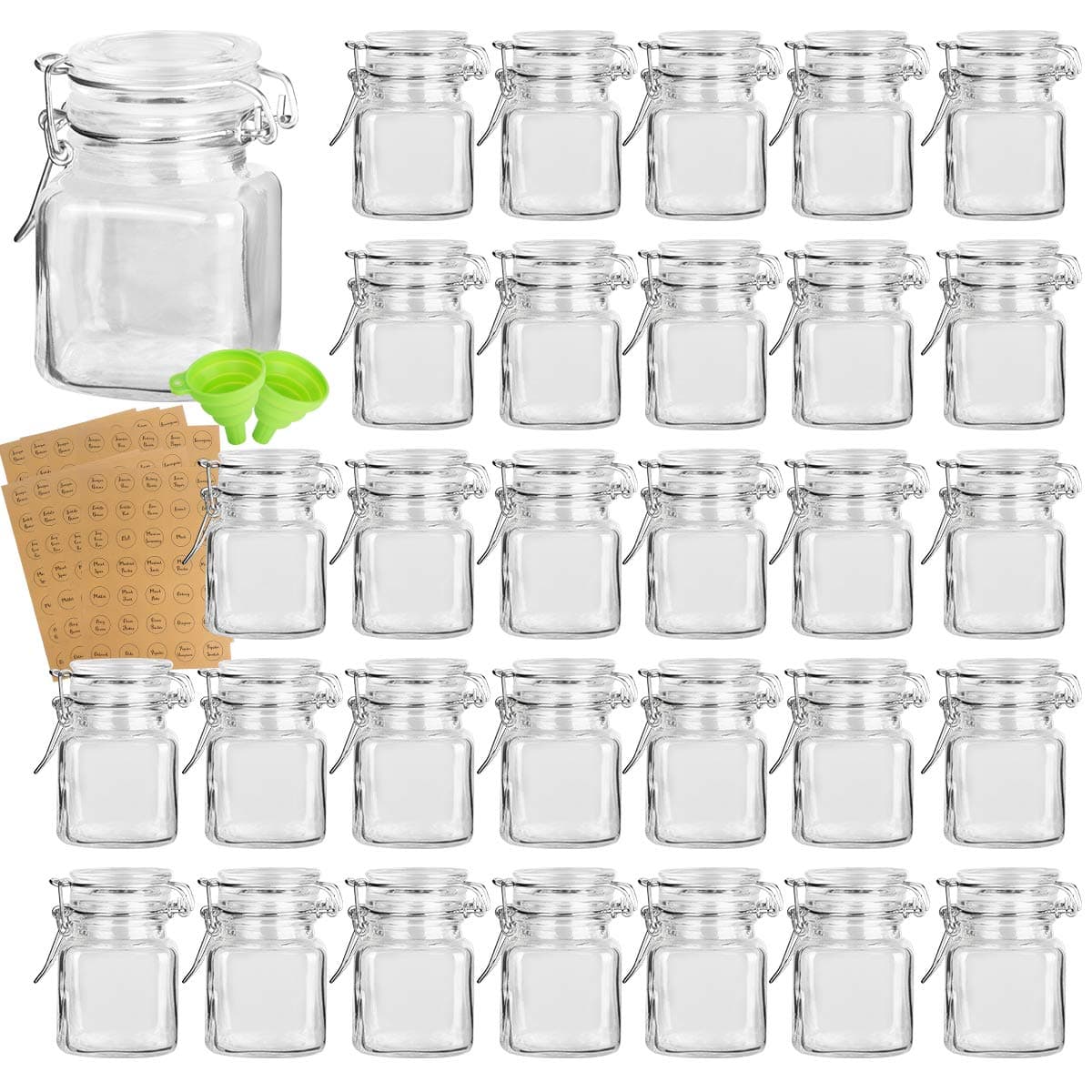 KAMOTA Glass Jars With Lids, 30 pack of 3.5 oz small glass jars for storage spice herbal condiments with leak-proof rubber gaskets and airtight hinged lids, 280 labels and 2 silicone funnels…
