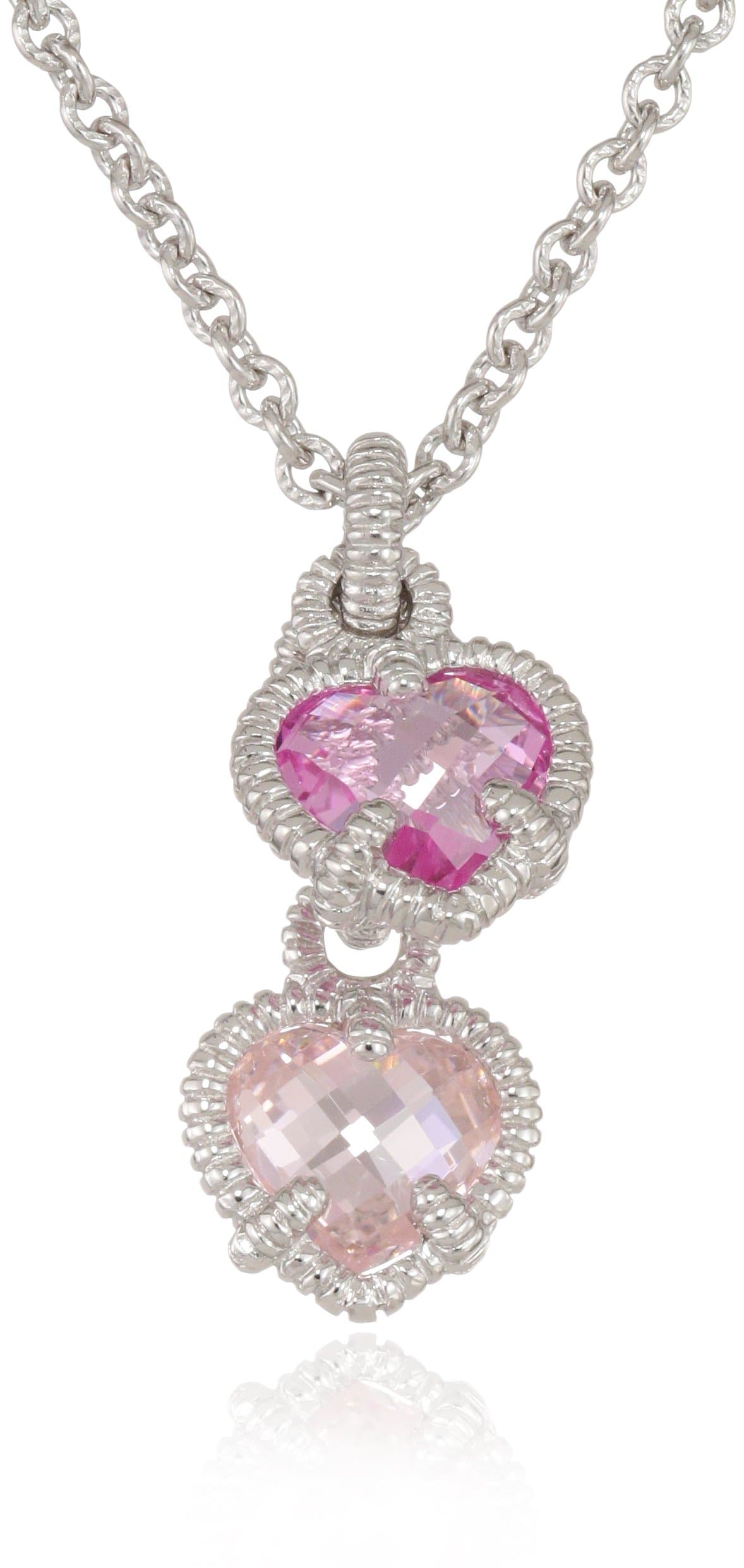 "Linen Silver Twin Heart Pink Pendant Necklace, 17"