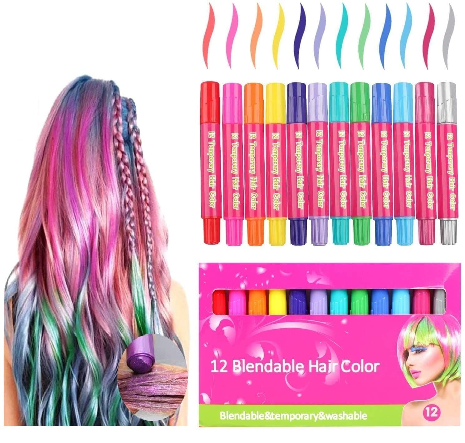 Hair Chalk, 12 Colors Hair Crayons for Girls Kids Washable Non-Toxic Portable Hair Chalk Pens for Party and Cosplay DIY