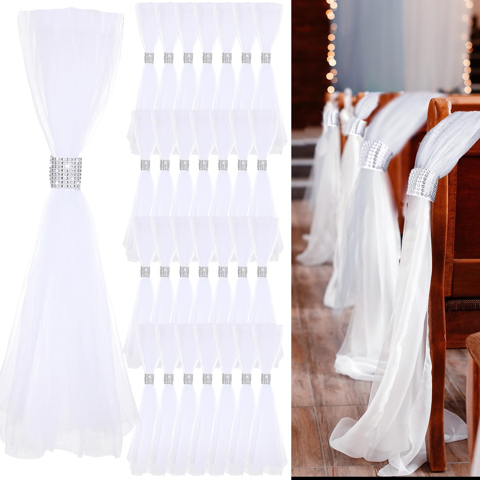 24 Set Wedding Aisle Chair Decorations 31.5 Inch Pew Bows with Long Tulle Tails and Rhinestone wrap for Wedding Ceremony Church Bridal Shower Banquet Decor (Silver)