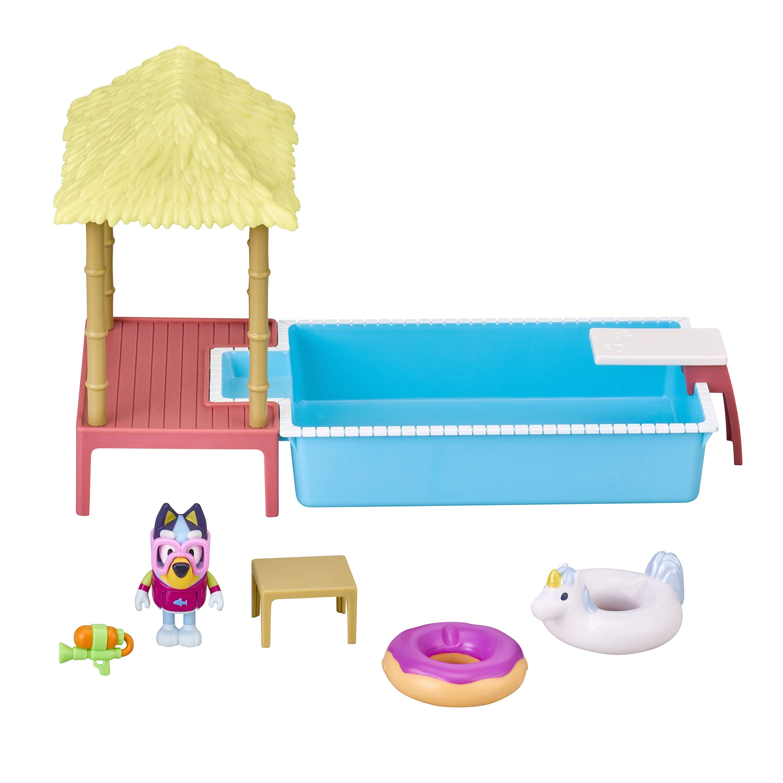 Bluey Pool Time Playset, Immersive Toddler Pool Set with 4 Play Accessories and Articulated Swimsuit Figurine, Small Toys for Kids Ages 3+