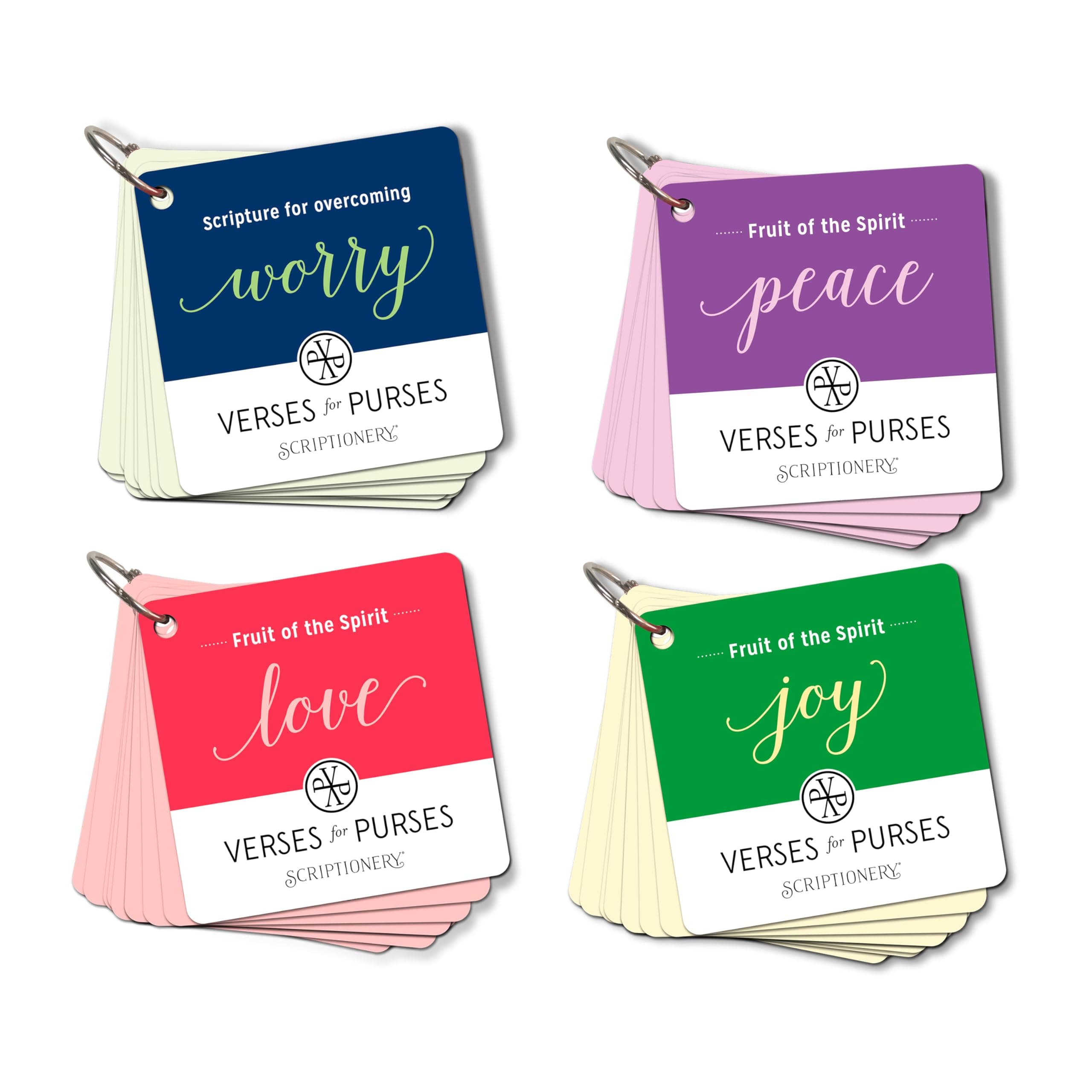 ScriptioneryScripture Cards - 4-Pack Set of "Verses for Purses" - The Fruit of the Spirit - Love, Joy, Peace, and Overcoming Fear Worry and Anxiety Bible Verse Cards (Scripture Memory, Prayer Cards)