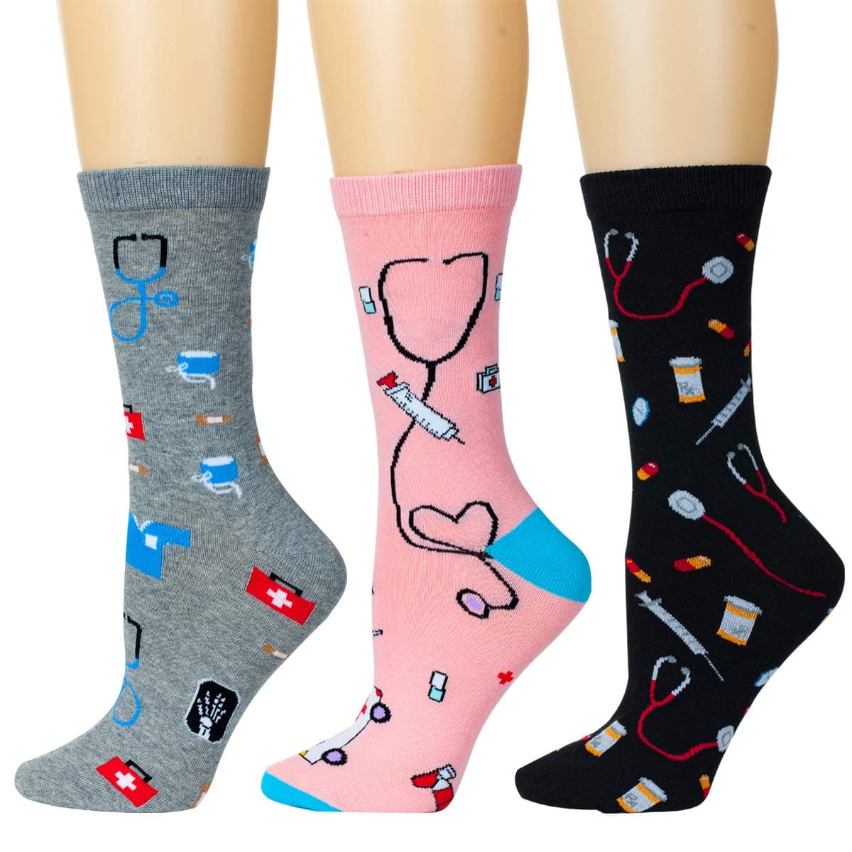 LEVSOX Nurse Socks, Women's Novelty Socks, Meds Crew Socks, Gift for a Nurses, (3 Pairs, 6-11)