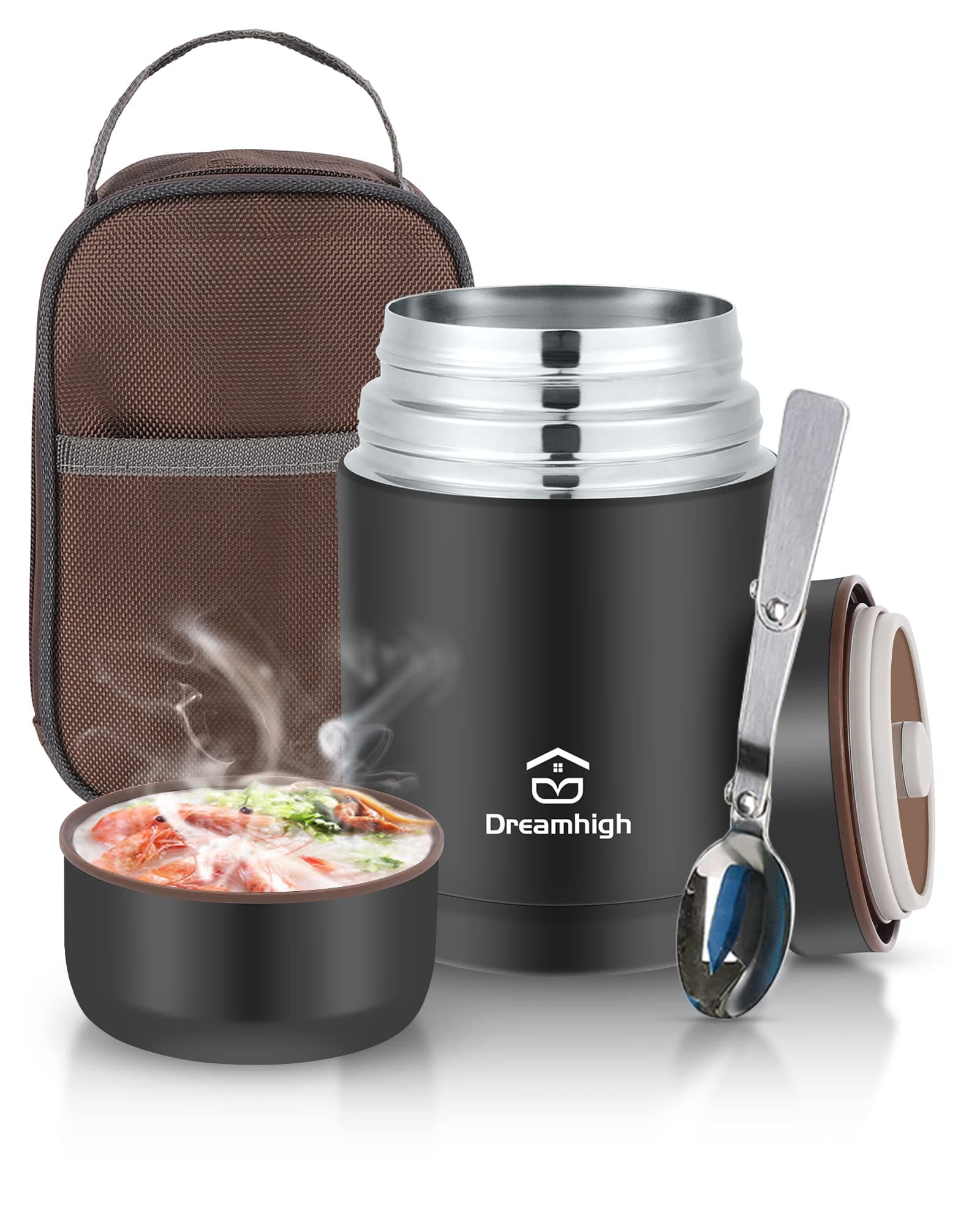 Thermal Food Flask, 800ml, Soup Flask with Spoon, Stainless Steel Vacuum Insulated Food Container, Leak-Proof, with Carrying Bag, Keep Hot/Cold for 12 Hours (Black)