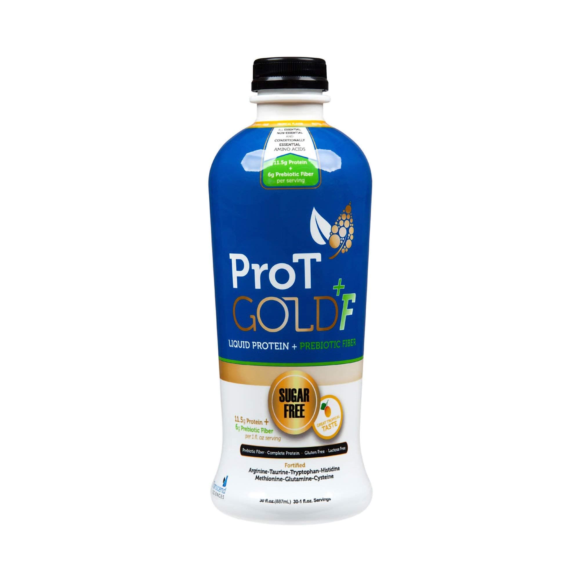 ProT GOLD +F Tropical Sugar Free Liquid Protein shots + Prebiotic Fiber - 30oz bottle with 30 1oz servings. A Clinically Proven Nano Hydrolyzed Collagen Protein used in 3K Medical Facilities