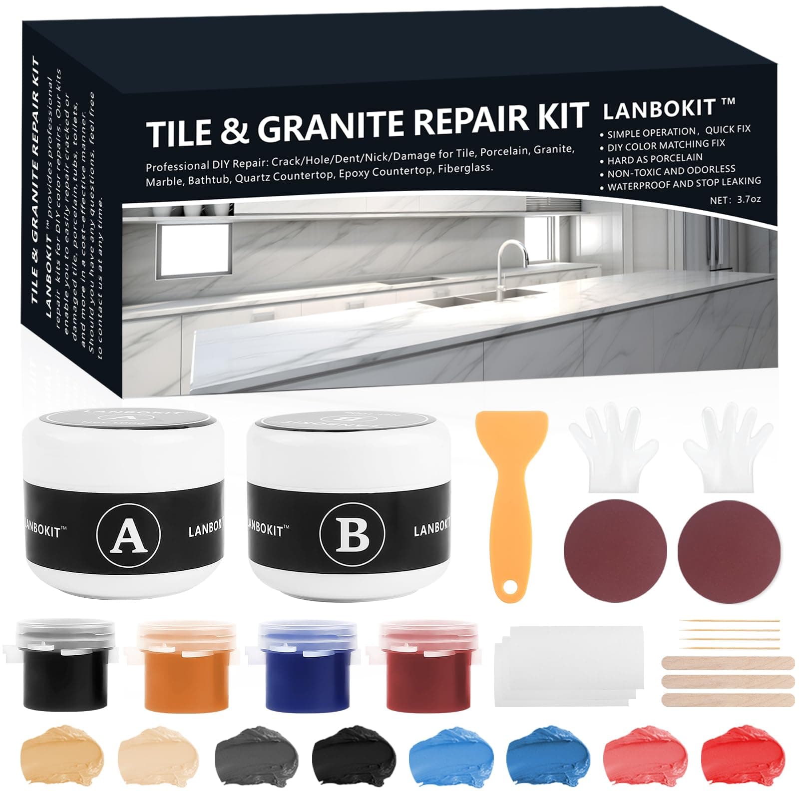 LANBOKIT Tile and Fiberglass Tub Repair Kit, Marble and Granite Repair Kit, Porcelain Repair Kit for Sink & Toilet, Epoxy and Quartz Countertop Repair Kit for Cracks Chips Scratches Holes Dents