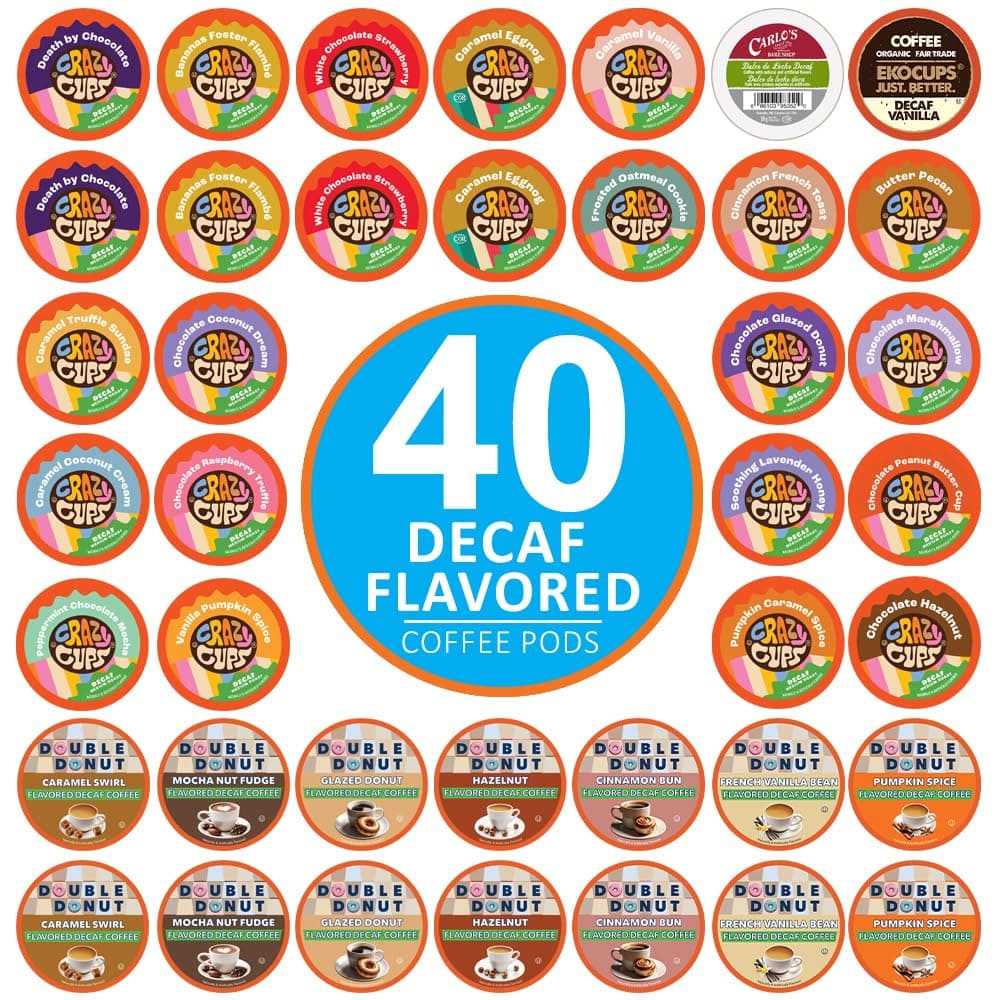 Flavored Decaf Coffee Pods Variety Pack Compatible with Keurig K Cups Brewers, 40 Count, Assorted Decaffeinated Flavored Coffee Sampler(Pack of 1)