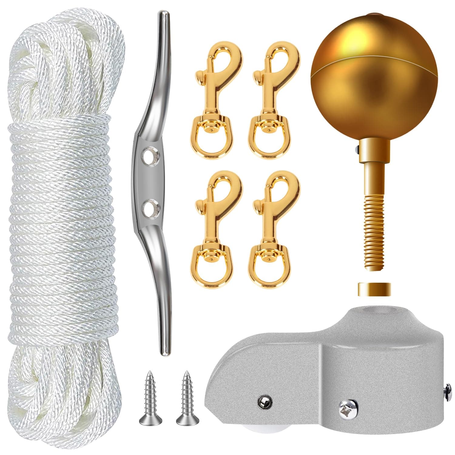 NQ Flagpole Hardware Repair Parts Kit,50 Feet Halyard Rope+3" Gold Ball+6" Zinc Alloy Cleat + 4 Metal Swivel Snap Clips + Aluminum Alloy Flagpole Truck with Nylon Pulley for 1.6"-2" Flag Poles