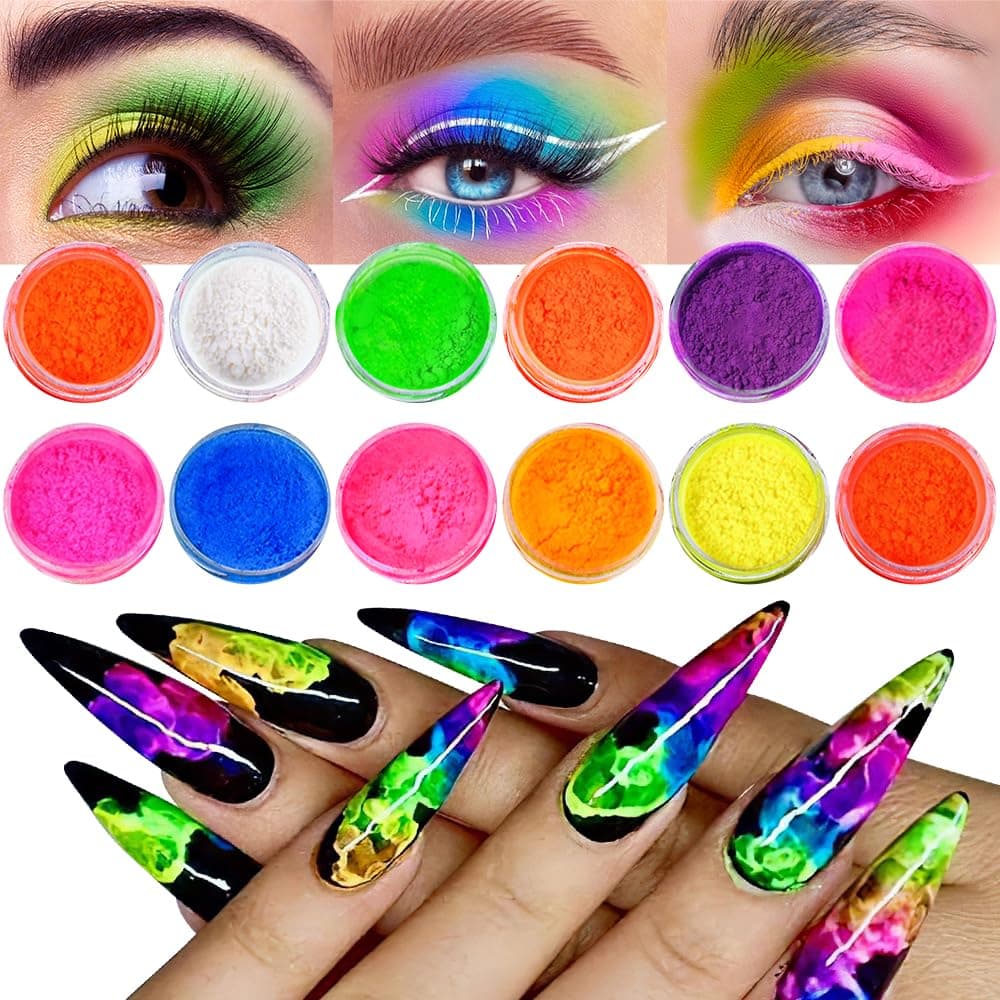 Neon Pigment Powder - 12 Fluorescent Rainbow Colors, 3D Nail Art, Halloween Makeup