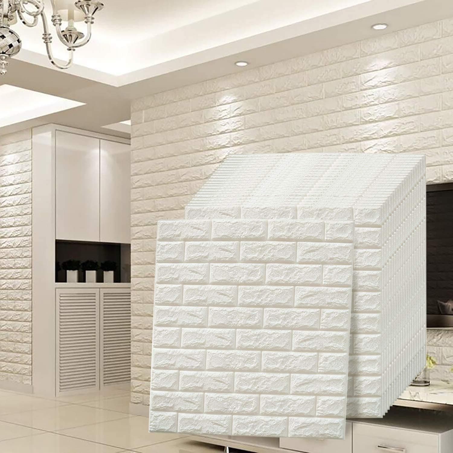 10-Piece 3D Foam Bricks Wallpaper Set White