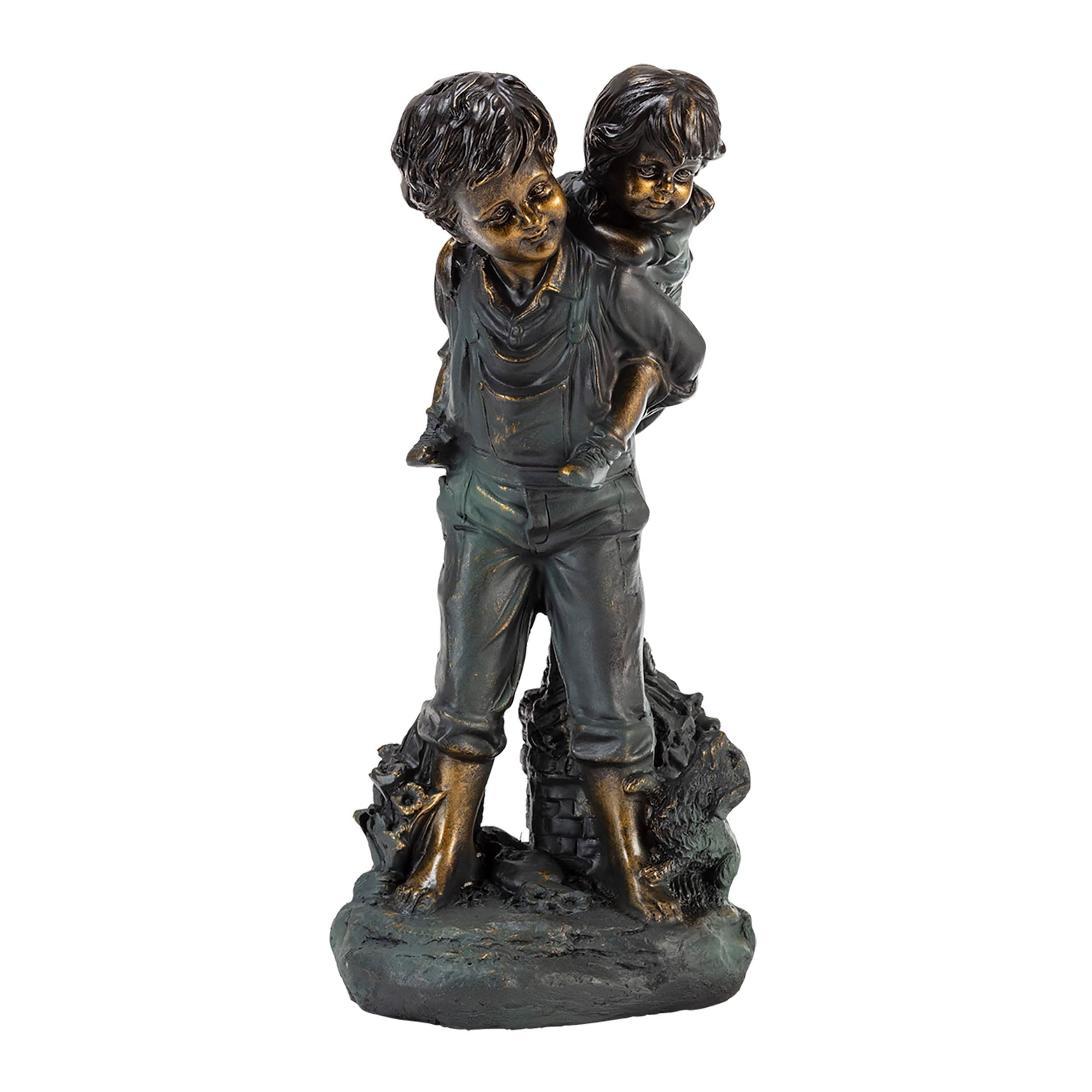 16" Tall Indoor/Outdoor Patina Finish Piggyback Kids Yard Statue Decoration