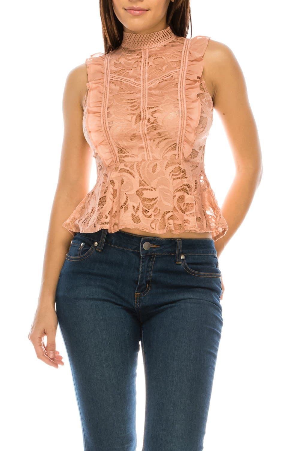 StyleEvery1 Womens Sexy Sleeveless Mock Neck See Through Lace Peplum Casual Blouse Top,Dark Nude,Small Petite