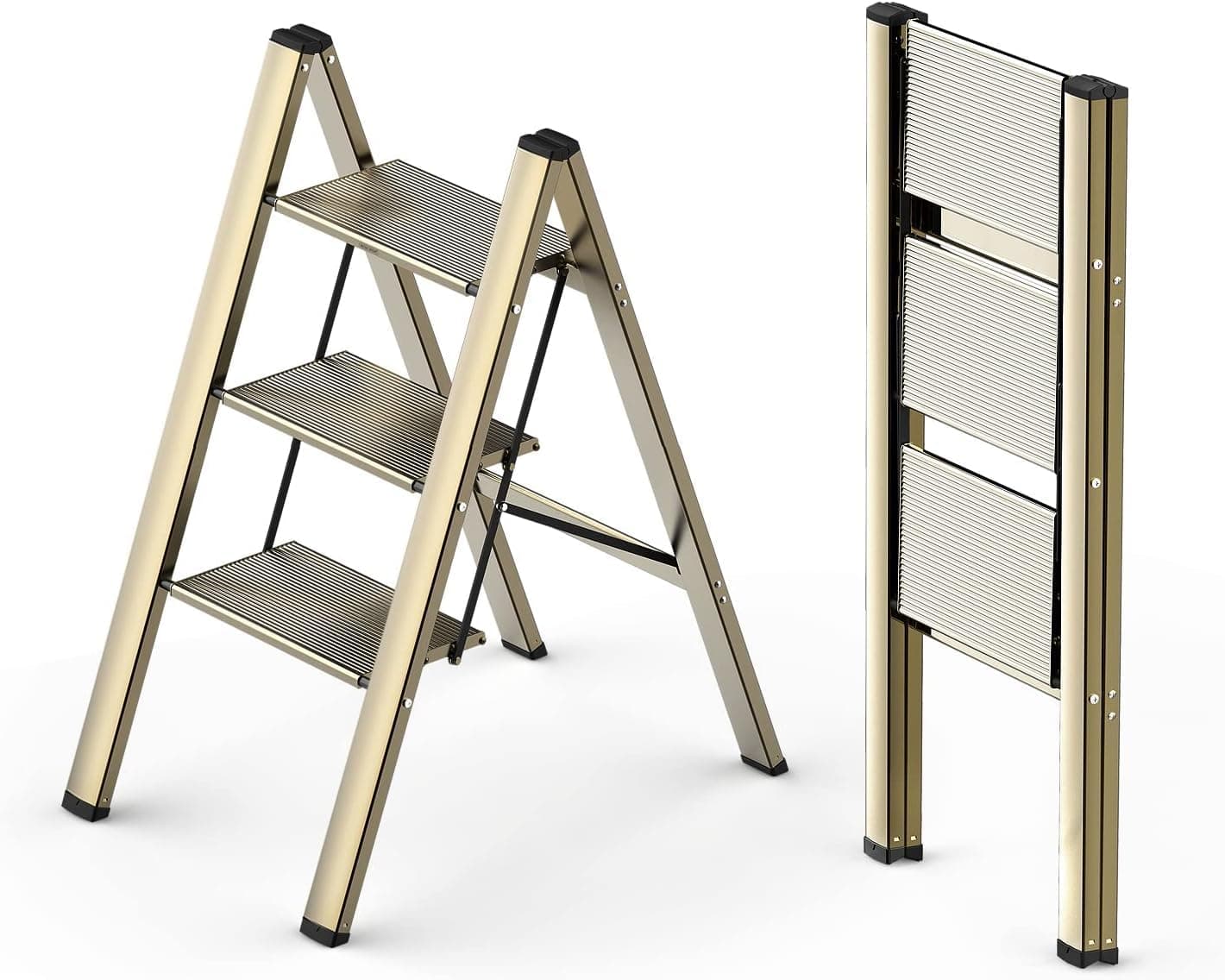 SUNRISE Foldable 3 Steps Ladder, Folding Step Stool with Upgraded Widening and Thicken Non-Slip Pedals,Multi-Use Stepladder for Home and Kitchen Use (3 Steps, Champagne Gold)