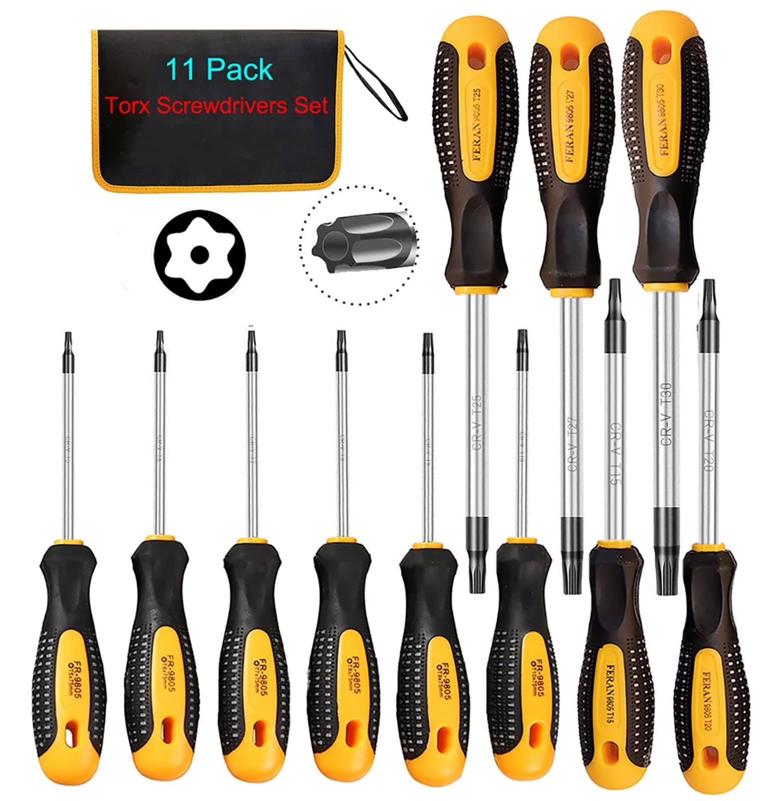 Magnetic Torx Screwdriver Set, Multi-function Screwdriver Tool Kit with T5 T6 T7 T8 T9 T10 T15 T20 T25 T27 T30 Torx Screwdriver for Electronics, Furniture, Automotive Machine Repairing (11 PCS)
