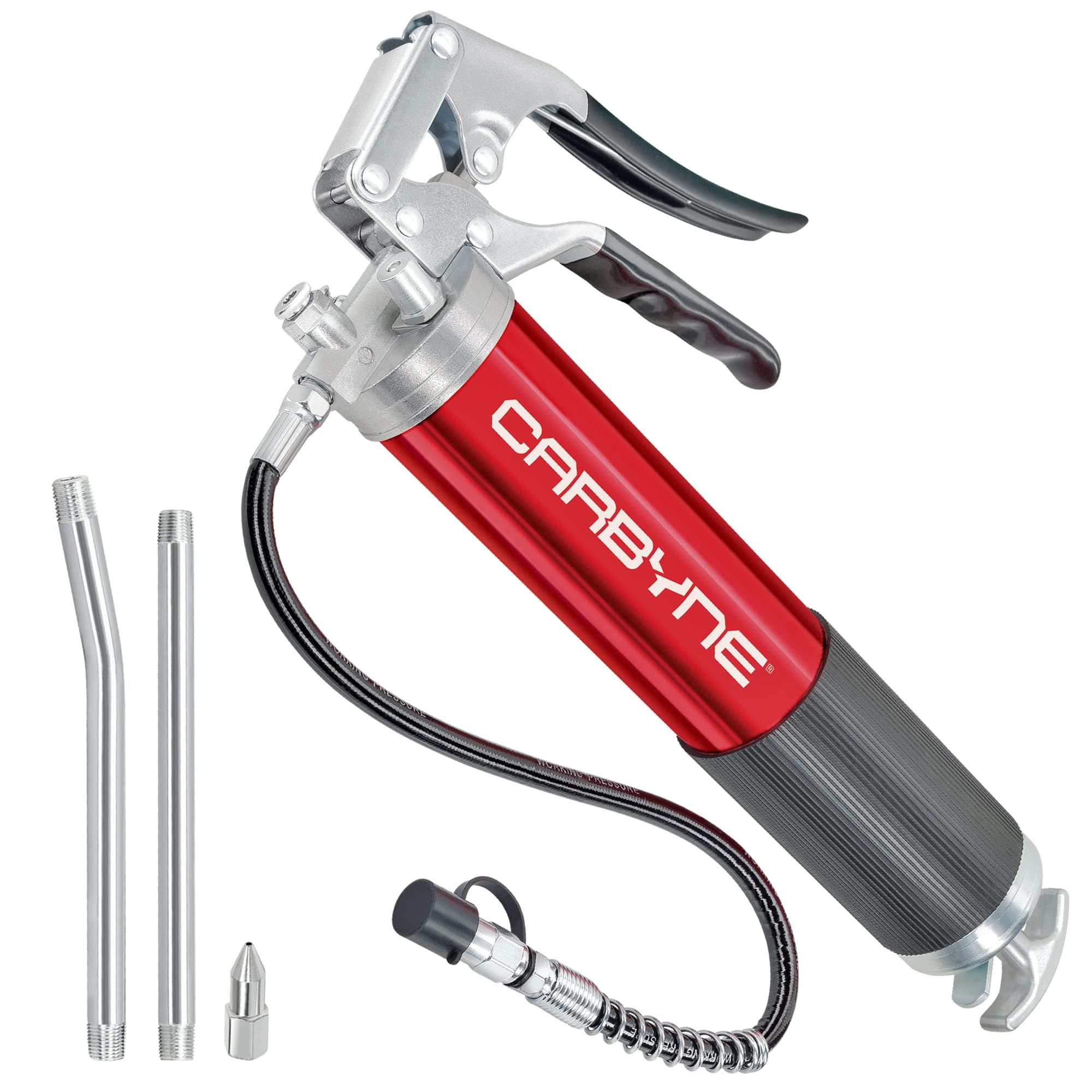 Carbyne Grease Gun, Pistol Grip, 7500 PSI, Anodized Aluminum Barrel, 3-Way Loading, 18 in. Hose, Straight and Angled Tubes, Needle Nozzle, Coupler