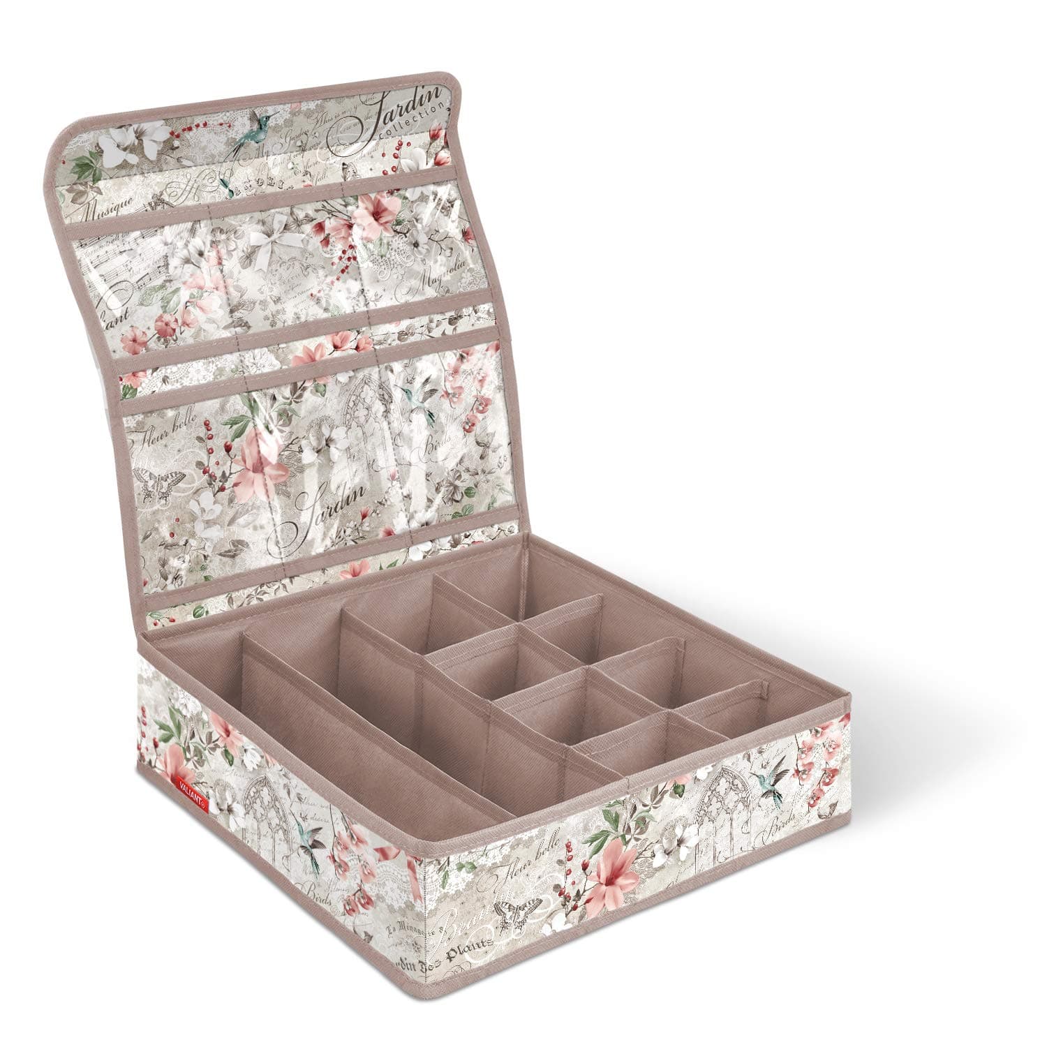 VALIANT Jardin Ten Compartments Foldable Cloth Underwear Lingerie Accessories Functional Cover with Six Transparent Pockets Storage Box Dresser Drawer Organizer Powder Pink Color 13x13x5 in