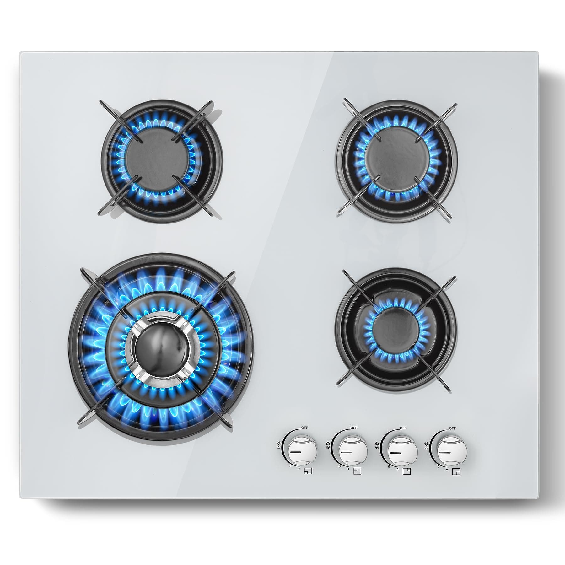 Gas Hob 4 Burners, TopStrong Built-in White Gas Hob 60cm with Flame Out Protection, LPG/NG Compatible, Enamelled Pan Supports & Easy Clean Surface, Glass, 8060W