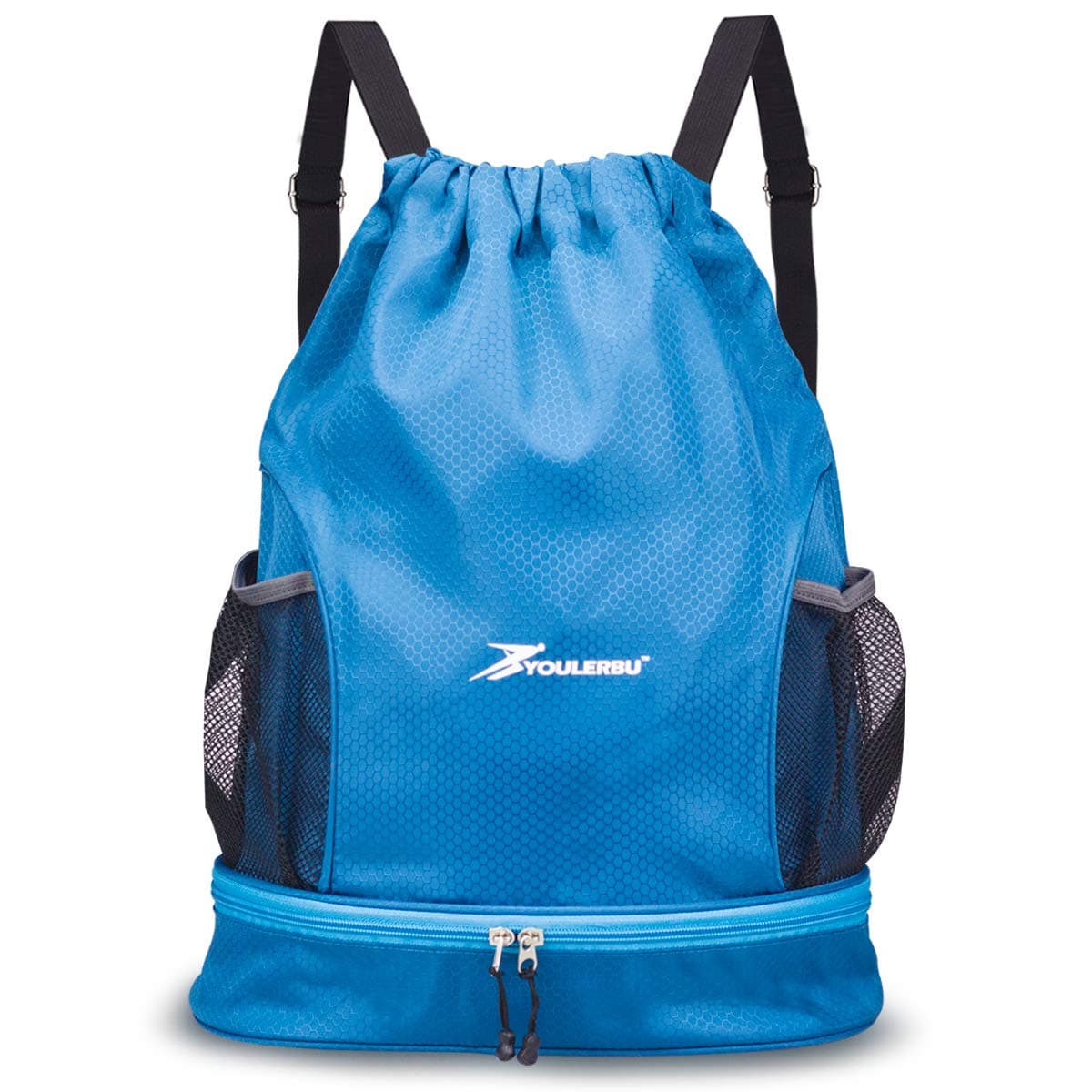 Dry Wet Drawstring Backpack Bag with Shoe Compartment Sackpack Heavy Duty String Bag Sports Gymsack Swim Beach Bag Blue