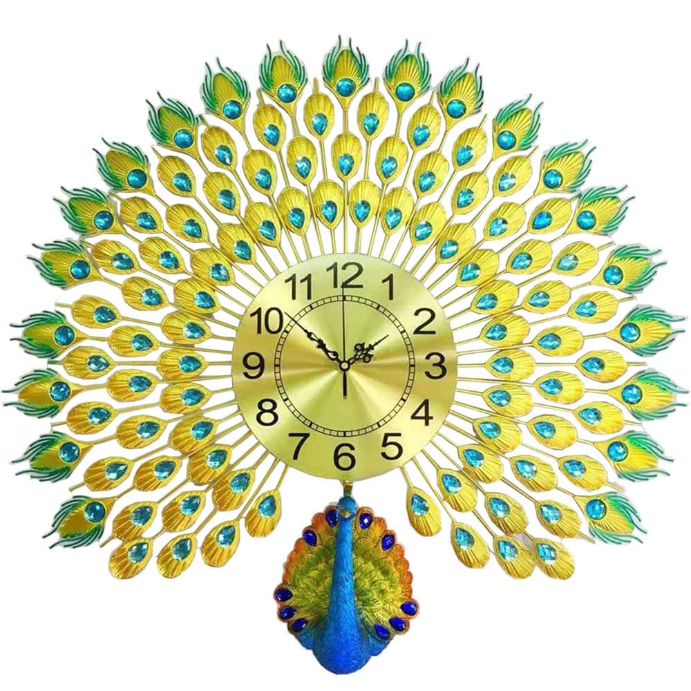 Kriva 27.6" Peacock 3D Metal Wall Clock- Decorative, Luxury, Silent Movement, Non-Ticking, Perfect for Living Room, Hotel, Home Decor, 1-Pcs,Blue, Analog