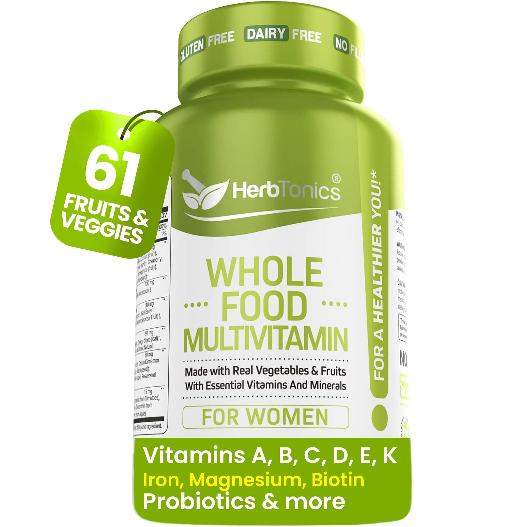 Herbtonics Whole Food Multivitamin for Women | Made with Superfoods, Real Raw Veggies, Fruits, Vitamin E, A, B Complex | Womens Multivitamin | Non-GMO 120 Vegan Capsules