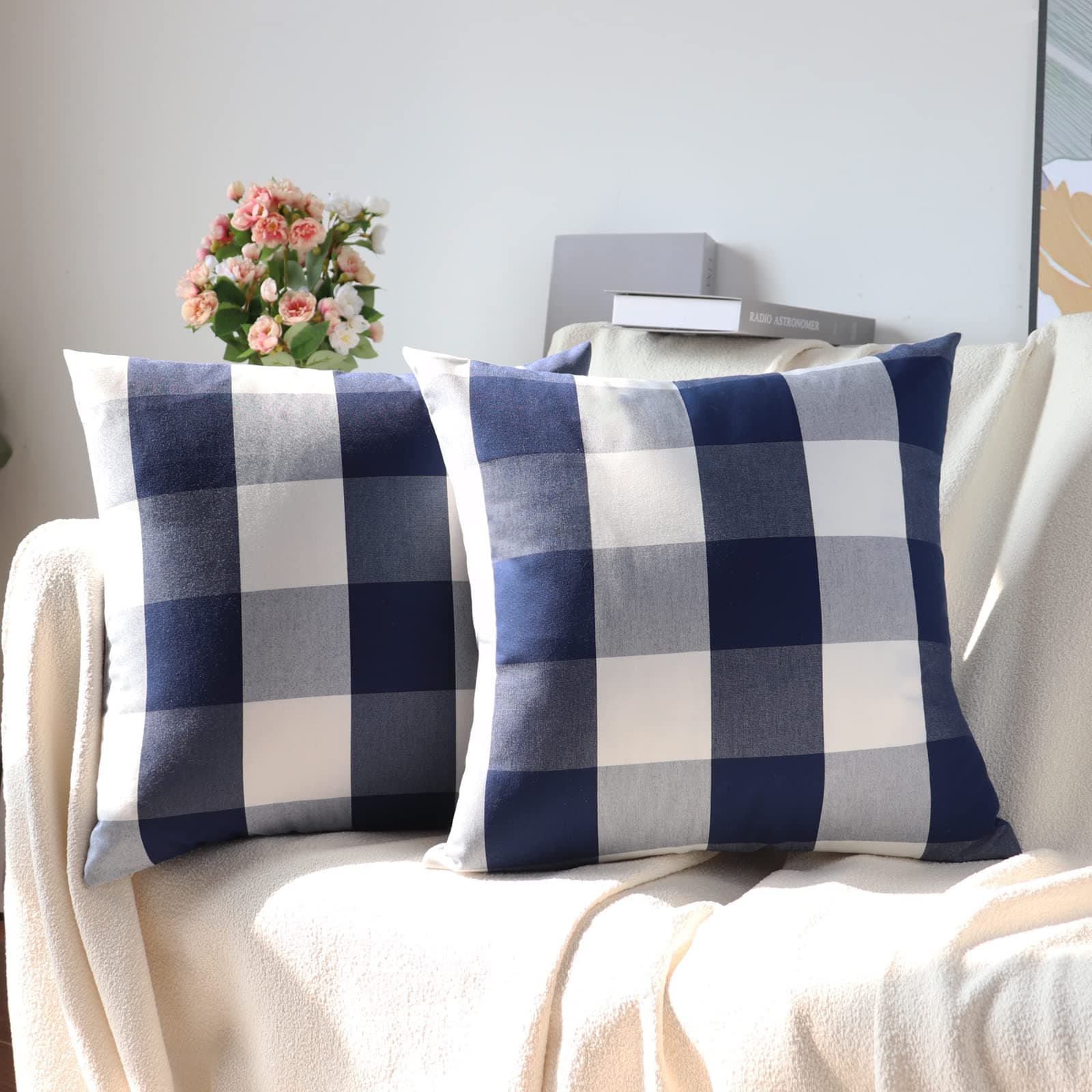 Buffalo Check Plaid Pillow Covers Decorative Outdoor Throw Pillow Covers 18 x 18 Farmhouse Throw Pillows for Couch Sofa Bed Home Pack of 2 Navy Blue